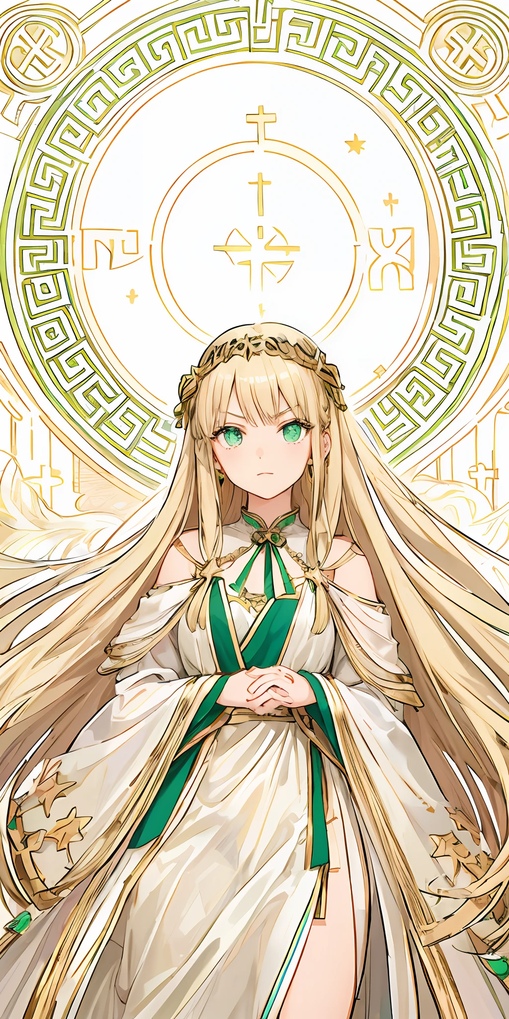 Beautiful anime girl in white dress,Has long blonde hair and green and white dresses,She is an anime goddess,Like the union of Partena and the goddess Artemis,She was giggling。She is Mrs. Partena,Portrait Chevaliers du Zodiaque Fille,From official art。ao mesmo tempo,She is also the queen of beautiful fantasy,But the goddess Hera looked angry。She is a blonde anime girl with long hair,It also has the image of an ancient goddess。This is an anime vision of cute girls,She was not dressed。