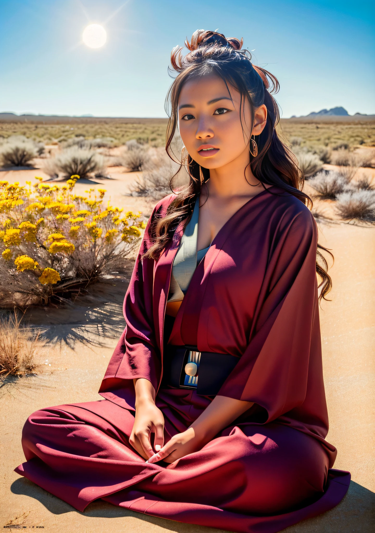 (Jedi meditation:1.3), serene photo,1girl, Jedi master in deep meditation,  in jedioutfit, sitting cross-legged,  (desert oasis:1.1), surrounded by blooming desert flowers, harmonizing with the Force, spiritual retreat, transcendent tranquility, desert enlightenment,  Absurdres, hdr, ultra detailed illustration, extremely detailed face, RAW photo, film grain, skin pores, trending on deviantart