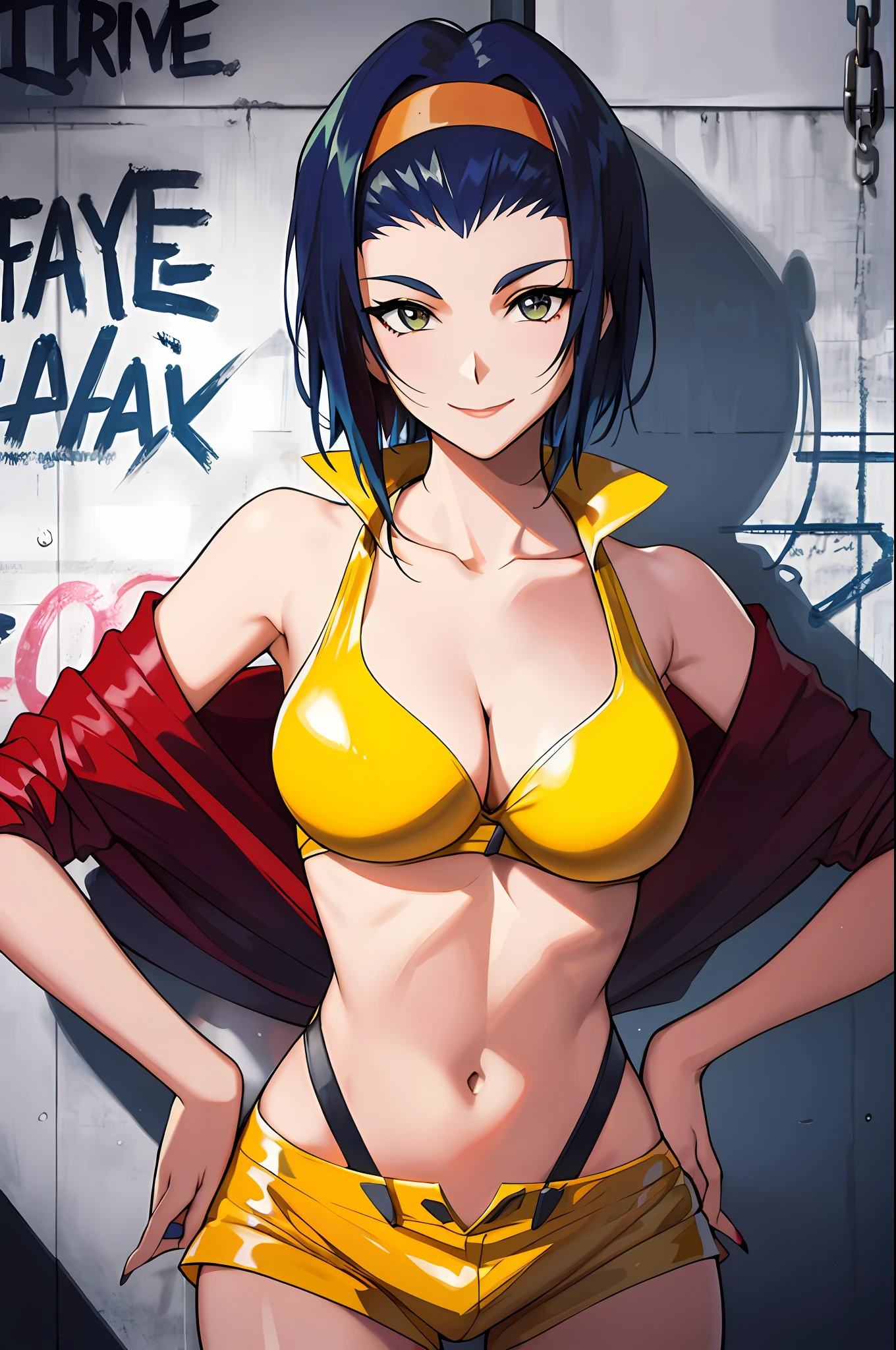 Faye Valentine, 1girl, blue hair, breasts, chain, cleavage, graffiti, hairband, hand on hip, hands on hips, headband, jacket, medium breasts, midriff, nail polish, navel, off shoulder, orange bikini, orange jacket, orange shorts, short hair, short shorts, shorts, outdoor,  beautiful background, smile, solo, traditional media, yellow bikini, yellow hairband, yellow shorts, high res, detailed, intricate, stunning artwork, photo quality,