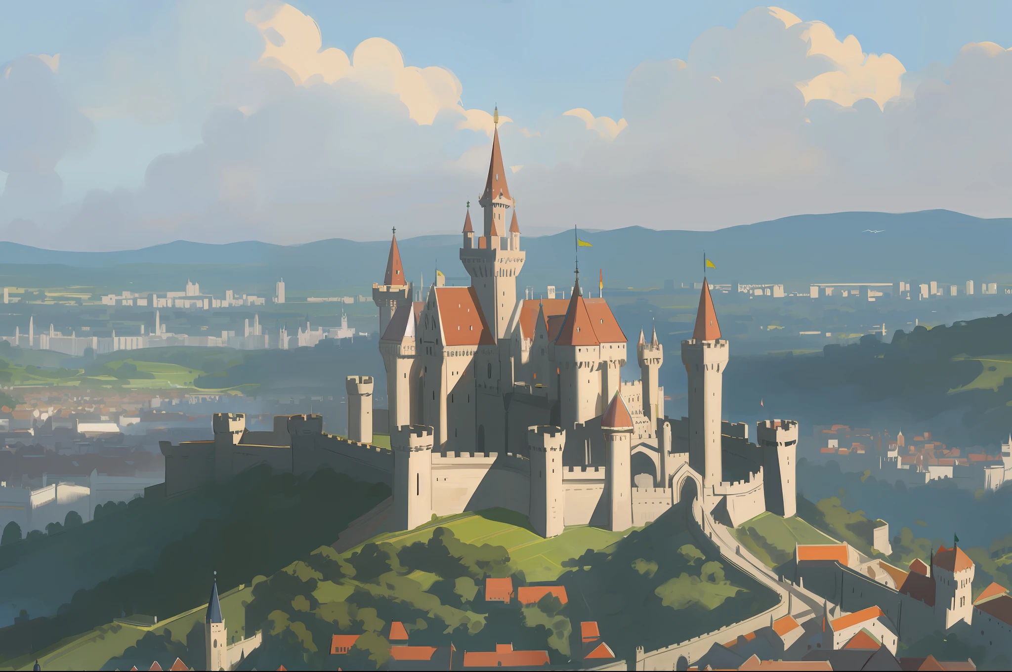 medieval times,Huge imperial capital,Big castle on the hill,big city,Cityscape painting,Vista panorama