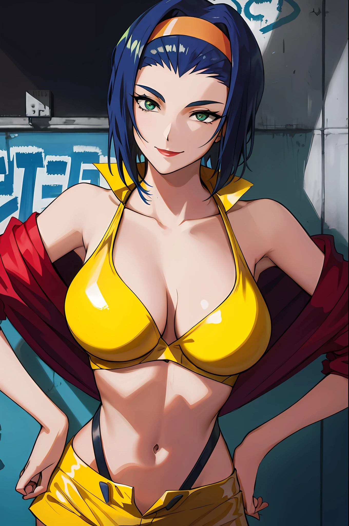 Faye Valentine, 1girl, blue hair, breasts, chain, cleavage, graffiti, hairband, hand on hip, hands on hips, headband, jacket, medium breasts, midriff, nail polish, navel, off shoulder, orange bikini, orange jacket, orange shorts, short hair, short shorts, shorts, outdoor,  beautiful background, smile, solo, traditional media, yellow bikini, yellow hairband, yellow shorts, high res, detailed, intricate, stunning artwork, photo quality,