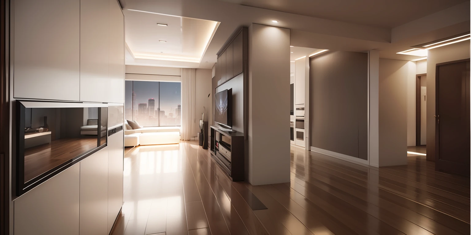Interior design living room floor plan,Modern minimalist style decoration,Multi-angle display,a 3D render、cozy indoor lighting、ultra - detailed、cinematic ligh,Evening furniture and windows,8K ,TV background wall with white marble,The walls are hard wrapped in warm gray