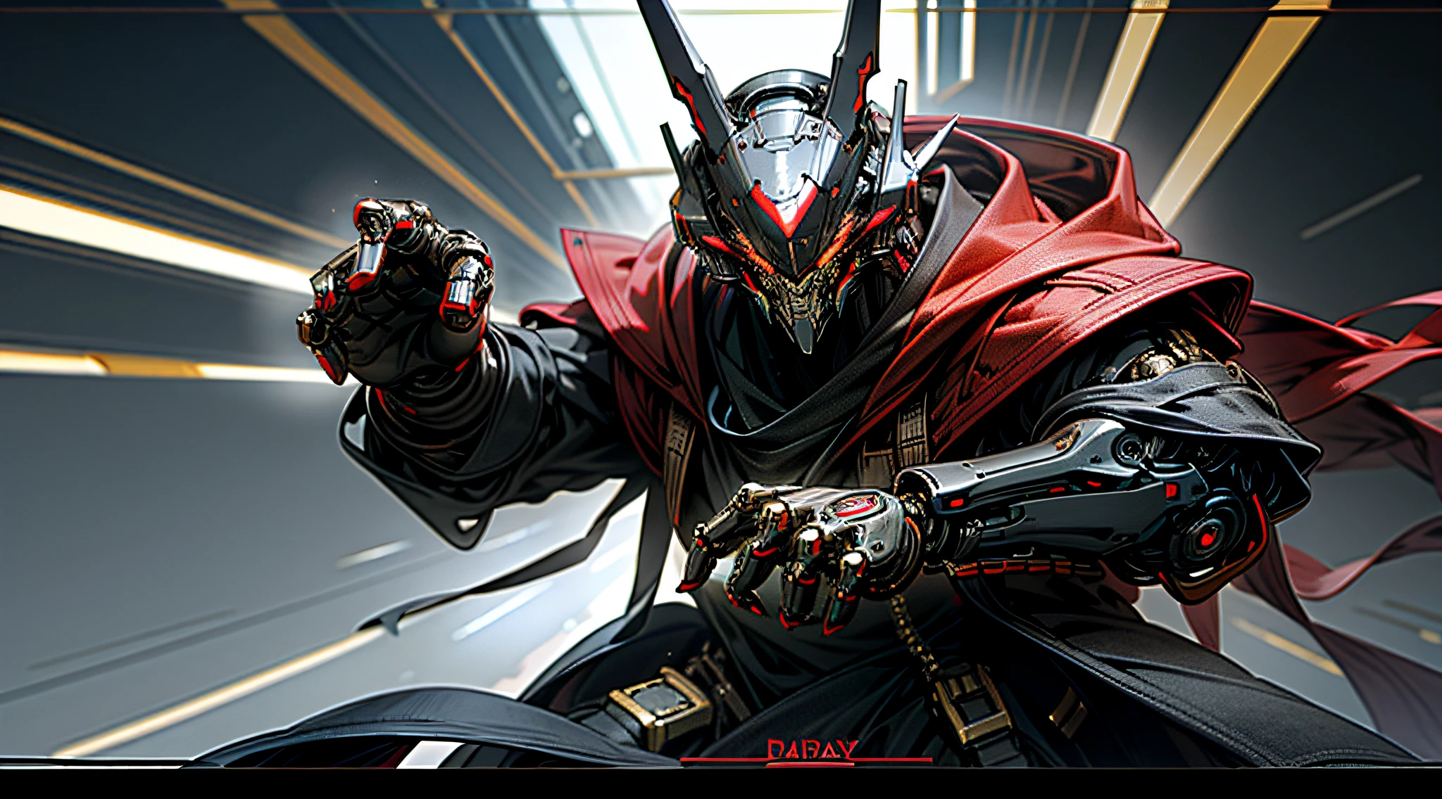 Dark_Fantasy、cyberpunked、(Red:1.1)、1man、Mechanical Marvel、Robot Presence、Cybernetic Guardian、Hold your fists