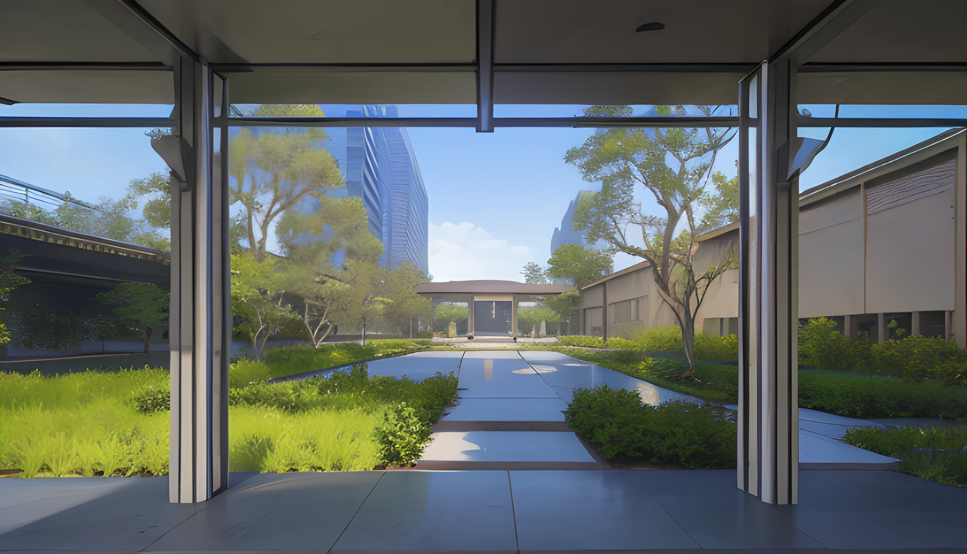 Studio Ghibli and Makoto Shinkai illustration style,there is a view of a courtyard with a fountain and a building, a wide open courtyard in an epic, royal garden landscape, Photos of buildings outside the landscape, inspired by Tadao Ando, courtyard walkway, empty building with vegetation, foster and partners, inspired by David Chipperfield, with a garden as foreground, vibrant greenery outside, lush garden in the background