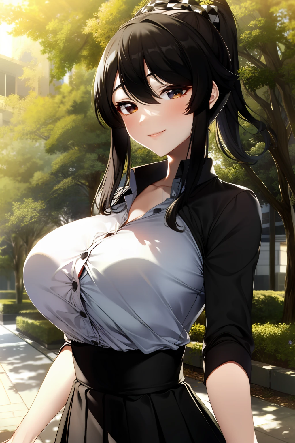 (masterpiece:1.2, best quality), 1lady, solo, upper body, chobi, large breasts, black shirt, checkered skirt, outside, park, people in background, trees, sun, daytime