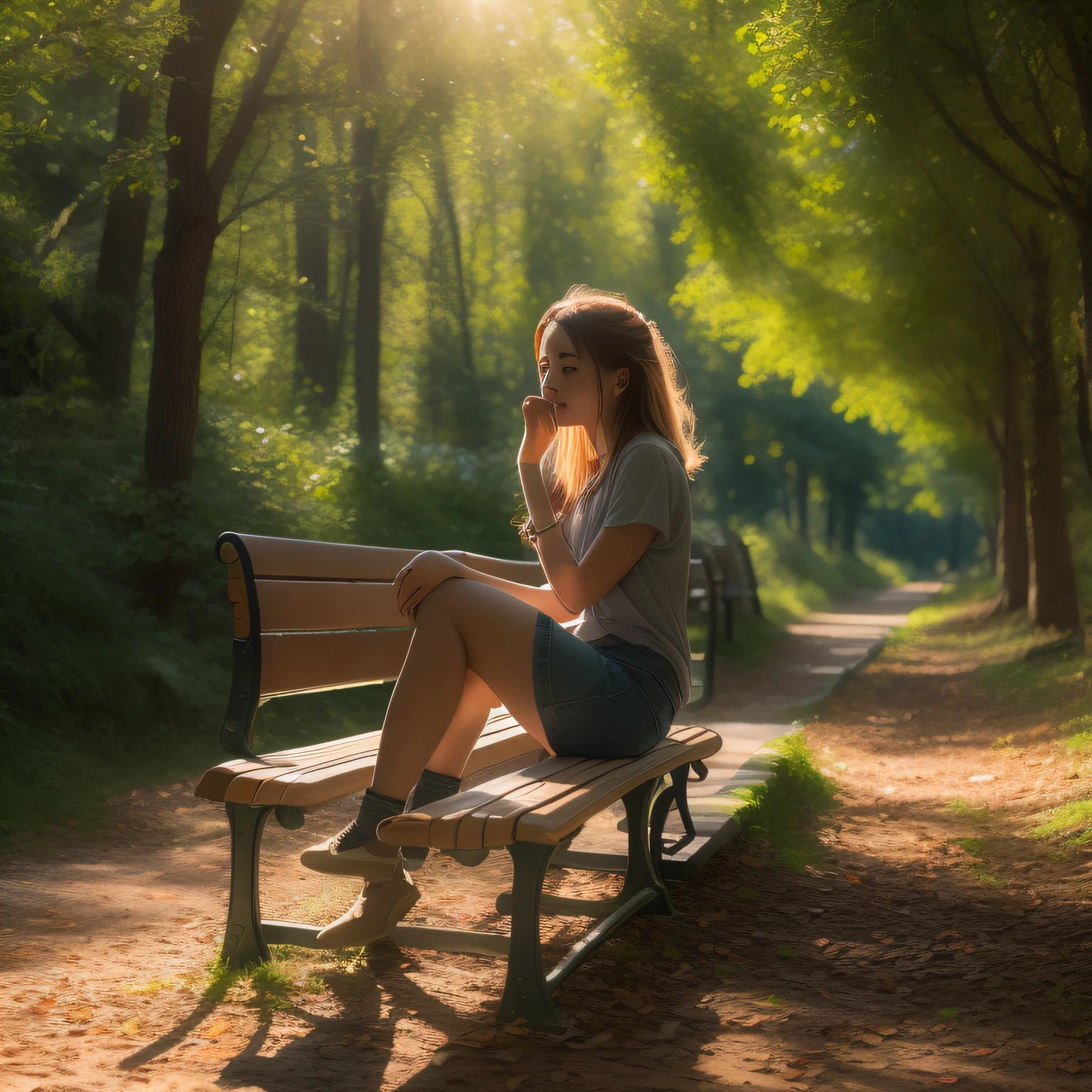Sunny lazy afternoon,Forest trail,the benches,and the sun was shining brightly,The girl sits on a bench,Ultra HD details,high qulity,high high quality