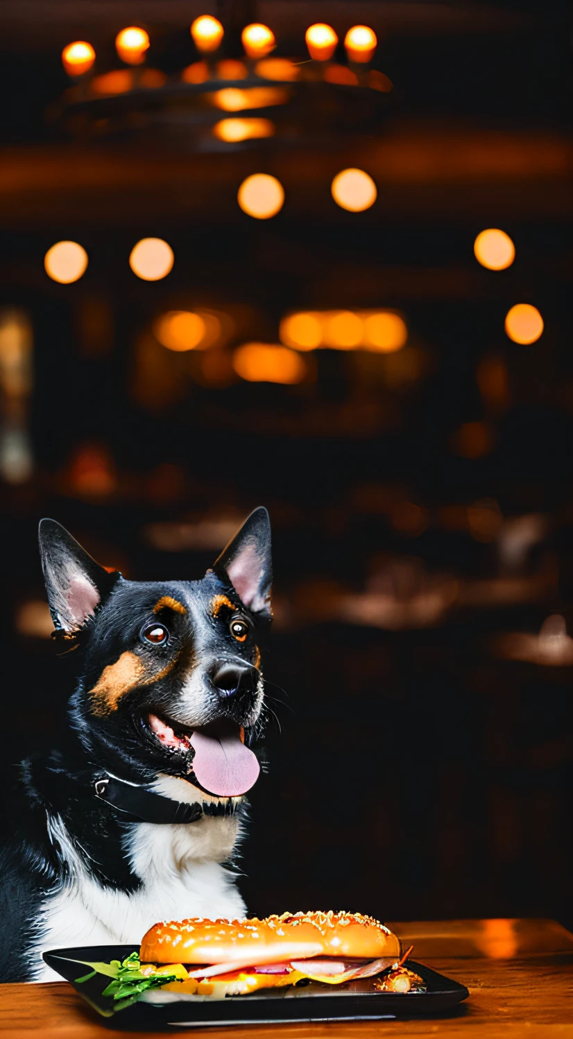 grinning smile，The dog's body，Eat big burgers in restaurants，Cinematic dramatic light，smooth transitions，Background bokeh