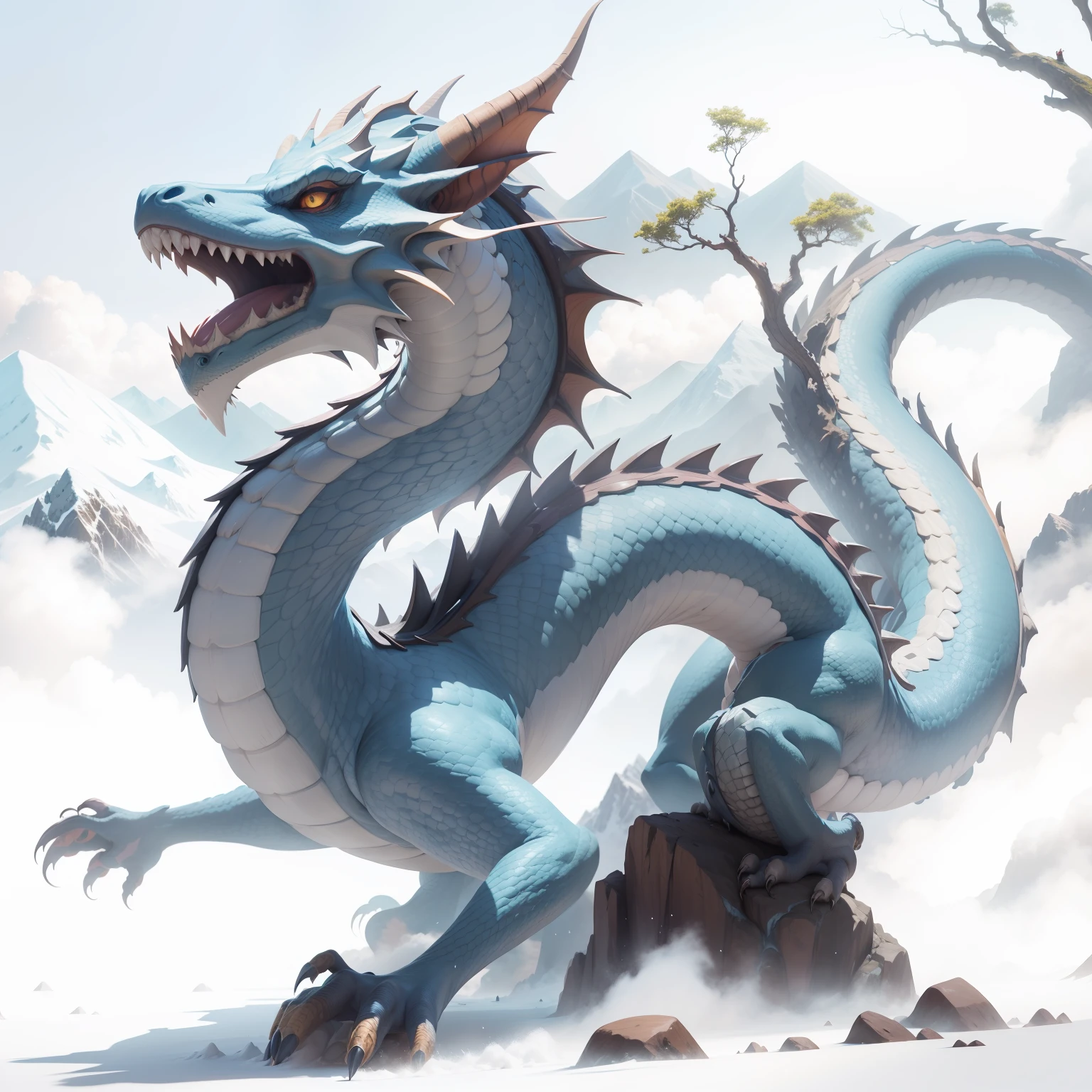 A dragon, colorful, mountain peaks, waterfalls, white clouds, masterpiece,best quality,extremely detailed,fine details,official art,unity 8k wallpaper,4K,8K,UHD, highly detailed,blurry,blurry_background, blurry_foreground,depth_of_field,motion_blur,(realistic,photo-realistic:1),extremely detailed, filmg, --auto