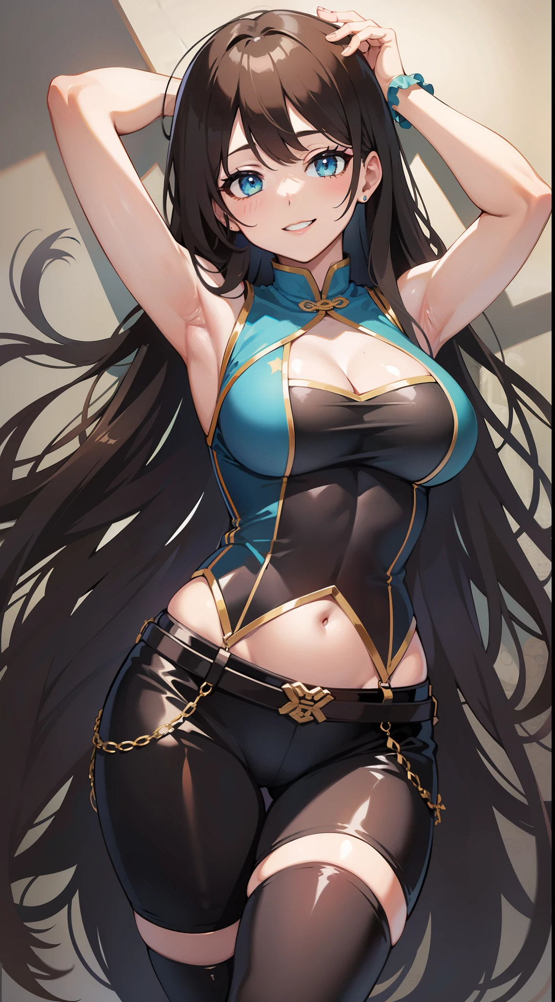 young girl, long brown hair, Cyan eyes, Blue Chinese Top, Sleeveless, open belly, open breasts, breeches, ssmile, Masterpiece, hiquality