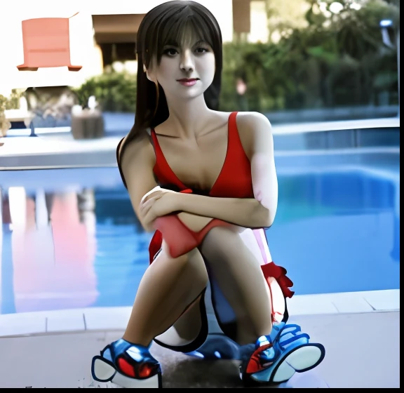 Cartoon drawing of a woman sitting on the ground with her legs crossed, sitting pose, Woman in swimsuit, Young Japan, Teenage woman in Japan, sitting on bent knees, seductive seated pose, Sit with your wrists together, sitting dynamic pose, Sitting cross-legged, Squatting Pose, Kneeling, on the lap, bendover posture, Seated, serpentine pose gesture, relaxed poses, relaxed poses, woman is sitting, sexy  pose, By the pool in summer, photorealistic picture, a picture