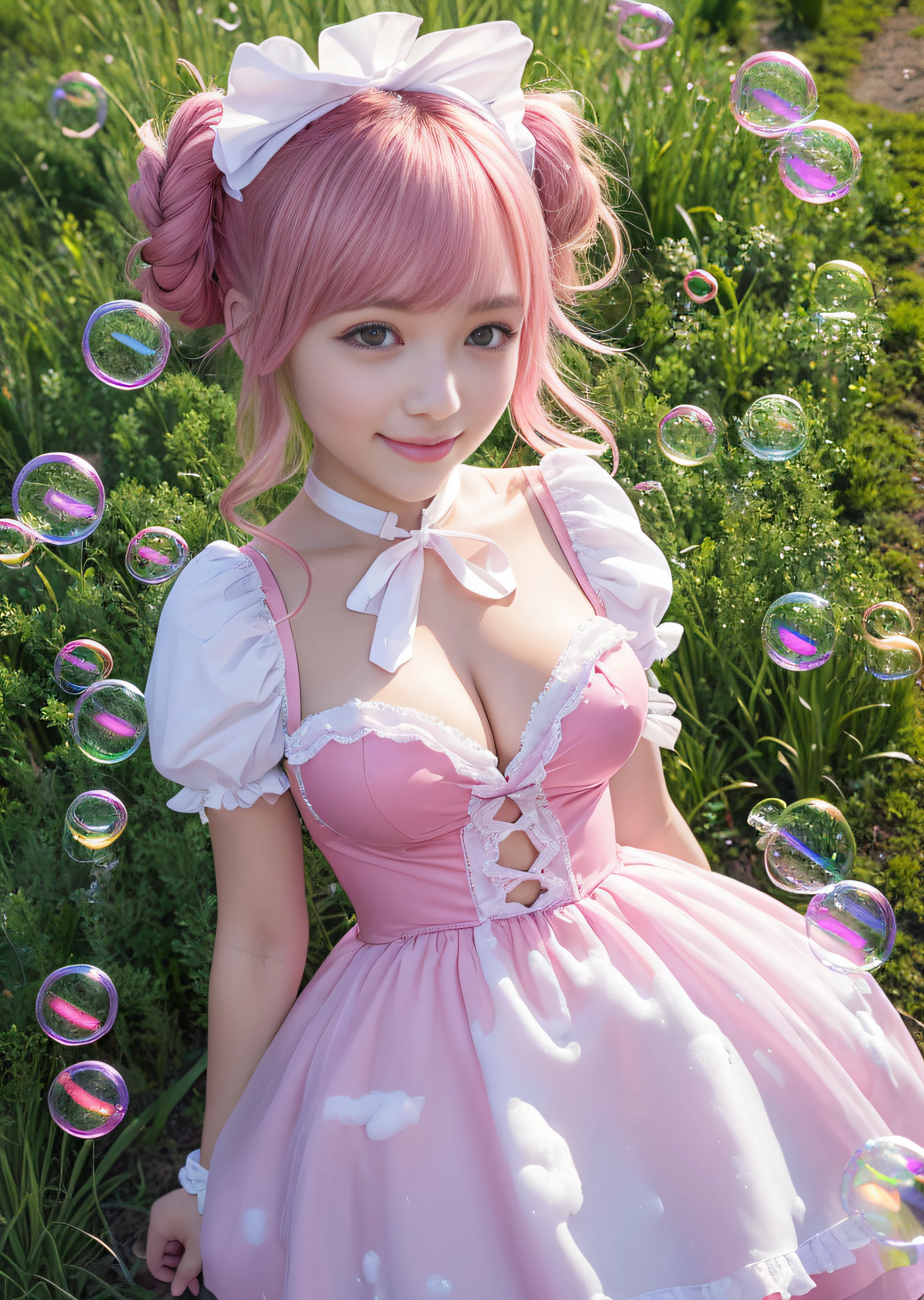 Pink hair、A smile、Pink costume、hugetits、hugetits、Delusional milk、Transverse breasts、Lower breast、Hami milk、(((Covered in soap bubbles)))、Beautiful cute flowers、Gentle light is shining、length hair、Twin-tailed、Bun head、(((Pink French Maid)))、kawaii faces、uniformss、In the flower garden、grass field、