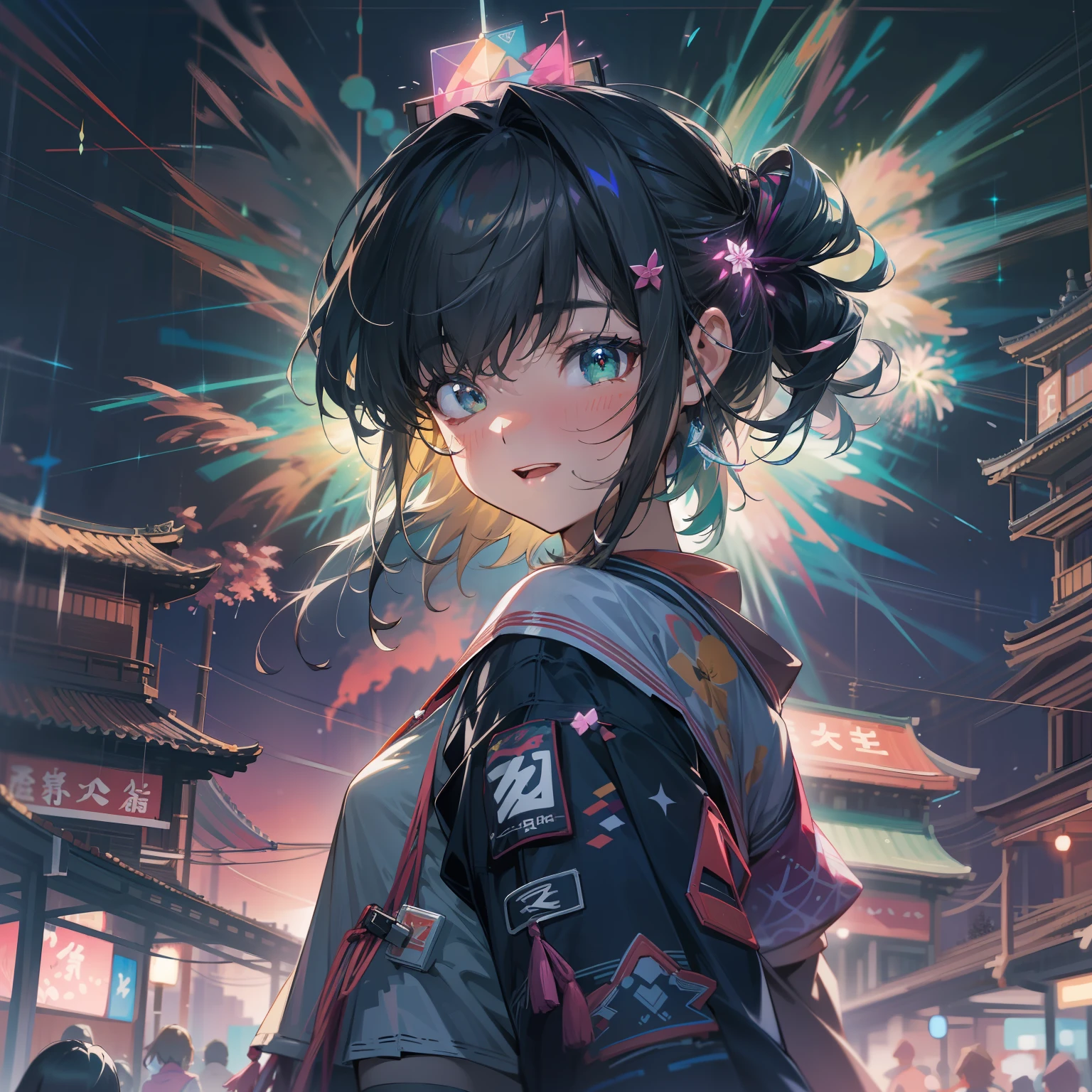 Render in 8K ultra-high resolution、Summer night view of Japan in the near future。Young man in the center of the screen、Active women are vividly depicted。Her hairstyle is a short cut with black hair that reflects the trend、some pink、Green grass、It has a yellow hologram color、Change color to match her expression。
Her outfit is contemporary yet futuristic。argent, Reflective tech crop top is her young々Shisu.々Energy-oriented、Underneath it is、There are cyberpunk-style transparent high-waisted shorts that highlight her movements.。White LED sneaker feet that make you feel the future、The lights change depending on her movements。
What she holds in her hands is、AI-controlled hologram drone。React to her facial expressions and movements.、Fly around happily。
Spread behind her is、Night sky with countless fireworks。each々Fireworks are precisely computer controlled、Each gives off a different color and shape。Huge fireworks spread across the sky、Small fireworks intersect intricately to form a web of light。Some of them have different flower shapes.、Some draw geometric patterns.。All these fireworks exploded at the same time.、The night sky is a magnificent scenery like a moving painting。
Underneath it is、Lined with stalls made with holographic technology、It's buzzing。At each street stall、Try the latest VR games、Enjoy the gastronomy of the future provided by AI。Festival liveliness and music、Eta、The sound of digital wind chimes swaying in the wind、Near future、Spice up summer nights even more。