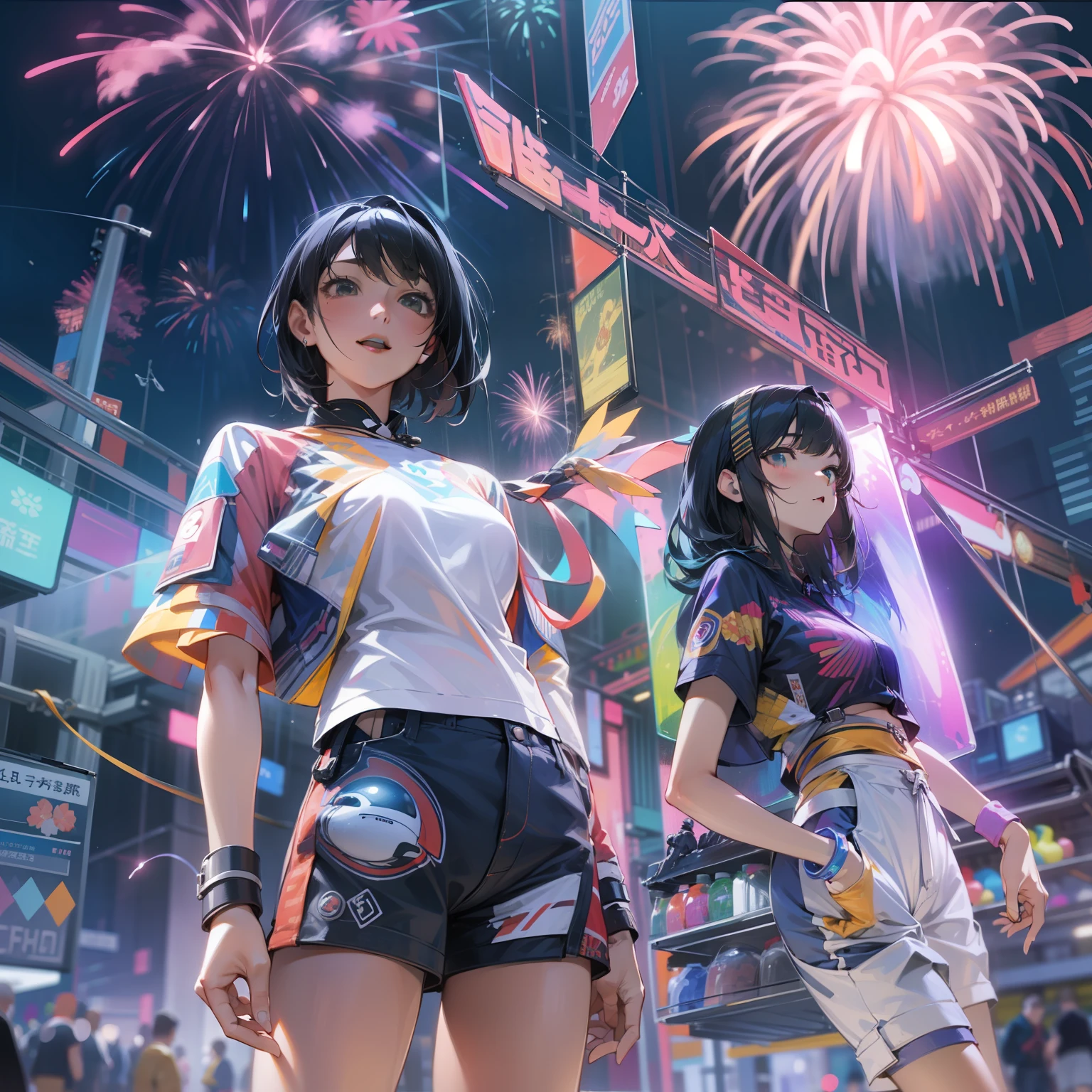 Render in 8K ultra-high resolution、Summer night view of Japan in the near future。Young man in the center of the screen、Active women are vividly depicted。Her hairstyle is a short cut with black hair that reflects the trend、some pink、Green grass、It has a yellow hologram color、Change color to match her expression。
Her outfit is contemporary yet futuristic。argent, Reflective tech crop top is her young々Shisu.々Energy-oriented、Underneath it is、There are cyberpunk-style transparent high-waisted shorts that highlight her movements.。White LED sneaker feet that make you feel the future、The lights change depending on her movements。
What she holds in her hands is、AI-controlled hologram drone。React to her facial expressions and movements.、Fly around happily。
Spread behind her is、Night sky with countless fireworks。each々Fireworks are precisely computer controlled、Each gives off a different color and shape。Huge fireworks spread across the sky、Small fireworks intersect intricately to form a web of light。Some of them have different flower shapes.、Some draw geometric patterns.。All these fireworks exploded at the same time.、The night sky is a magnificent scenery like a moving painting。
Underneath it is、Lined with stalls made with holographic technology、It's buzzing。At each street stall、Try the latest VR games、Enjoy the gastronomy of the future provided by AI。Festival liveliness and music、Eta、The sound of digital wind chimes swaying in the wind、Near future、Spice up summer nights even more。