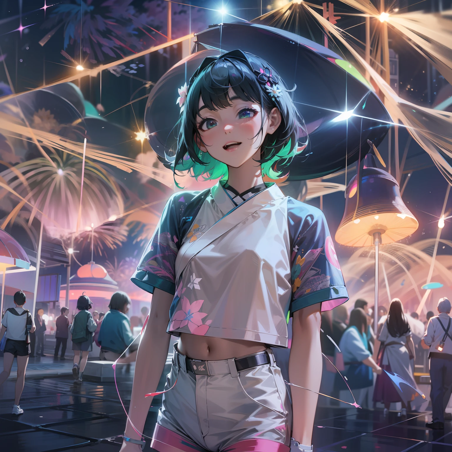 Render in 8K ultra-high resolution、Summer night view of Japan in the near future。Young man in the center of the screen、Active women are vividly depicted。Her hairstyle is a short cut with black hair that reflects the trend、some pink、Green grass、It has a yellow hologram color、Change color to match her expression。

Her outfit is contemporary yet futuristic。argent, Reflective tech crop top is her young々Shisu.々Energy-oriented、Underneath it is、There are cyberpunk-style  high-waisted shorts that highlight her movements.。White LED sneaker feet that make you feel the future、The lights change depending on her movements。

What she holds in her hands is、AI-controlled hologram drone。React to her  expressions and movements.、Fly around happily。

Spread behind her is、Night sky with countless fireworks。each々Fireworks are precisely computer controlled、Each gives off a different color and shape。Huge fireworks spread across the sky、Small fireworks intersect intricately to form a web of light。Some of them have different flower shapes.、Some draw geometric patterns.。All these fireworks exploded at the same time.、The night sky is a magnificent scenery like a moving painting。

Underneath it is、Lined with stalls made with holographic technology、It's buzzing。At each street stall、Try the latest VR games、Enjoy the gastronomy of the future provided by AI。Festival liveliness and music、Eta、The sound of digital wind chimes swaying in the wind、Near future、Spice up summer nights even more。