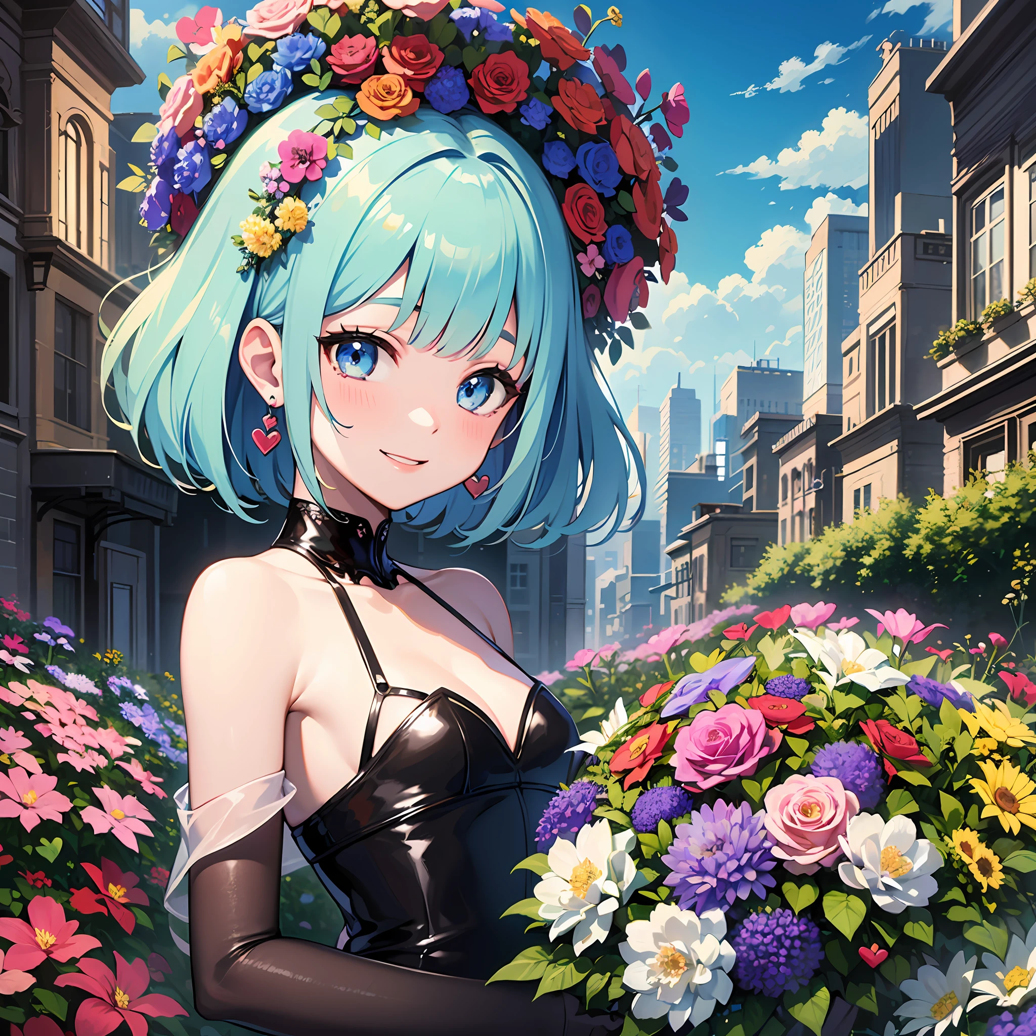 (masterpiece:1.3), (best quality:1.3), high resolution,
from behind, upper body,
holding,
(one cute girl:1.3), solo,
white skin, small Breast, eight-headed person,
light blue hair, (bobbed hair:1.2), short hair, (blunt bangs:1.2), beautiful hair, blue eyes, beautiful detailed eyes,
happy, heart, cheerful smile,
bouquet, Idol costumes, gossiper, earrings,
outdoors, beautifully detailed sky, flower garden,
shadowlighting,