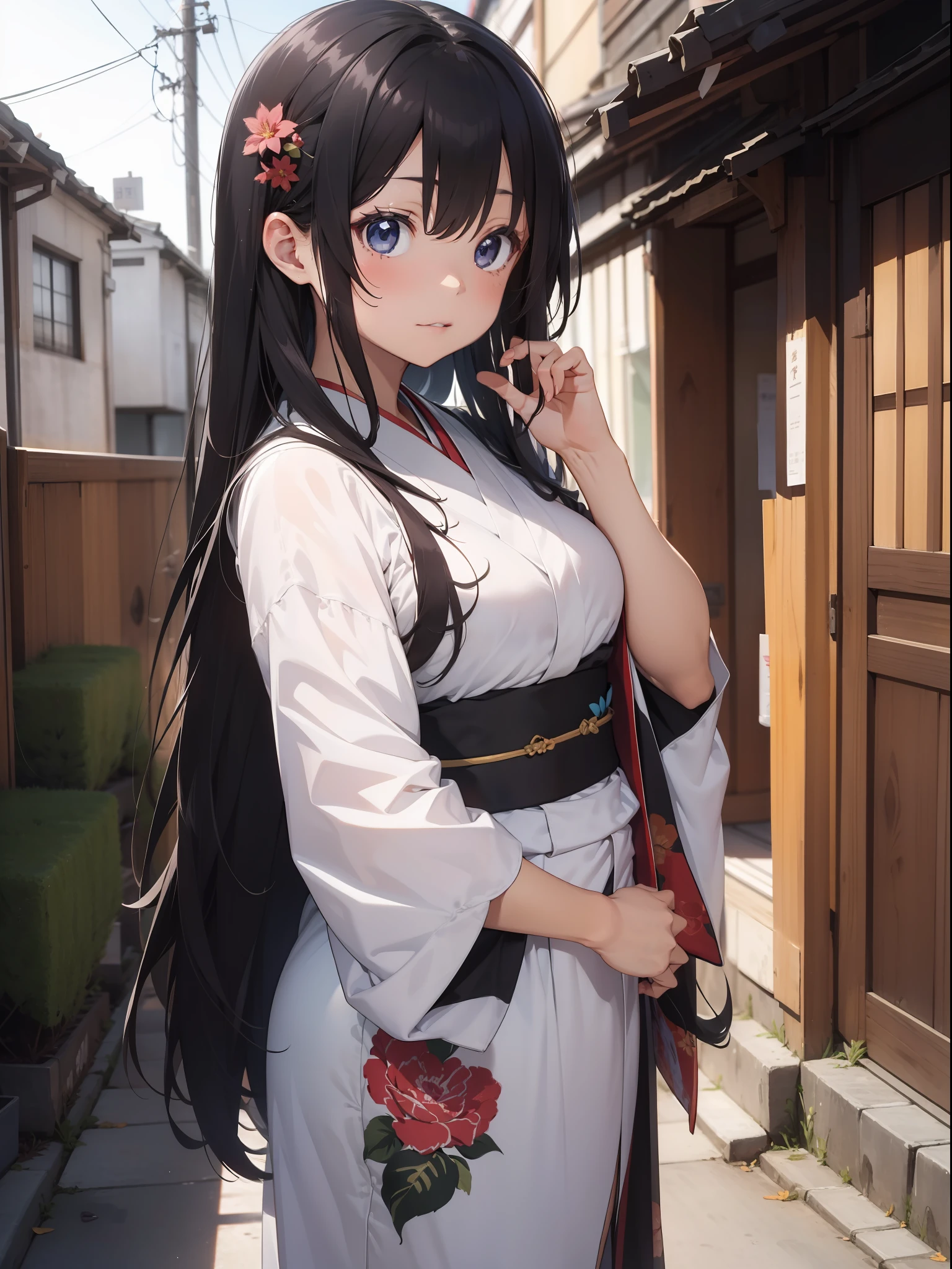 A beautiful [[beautiful Japanese]] girl with long [[long black hair]] wearing a kimono.--style Anime Girl