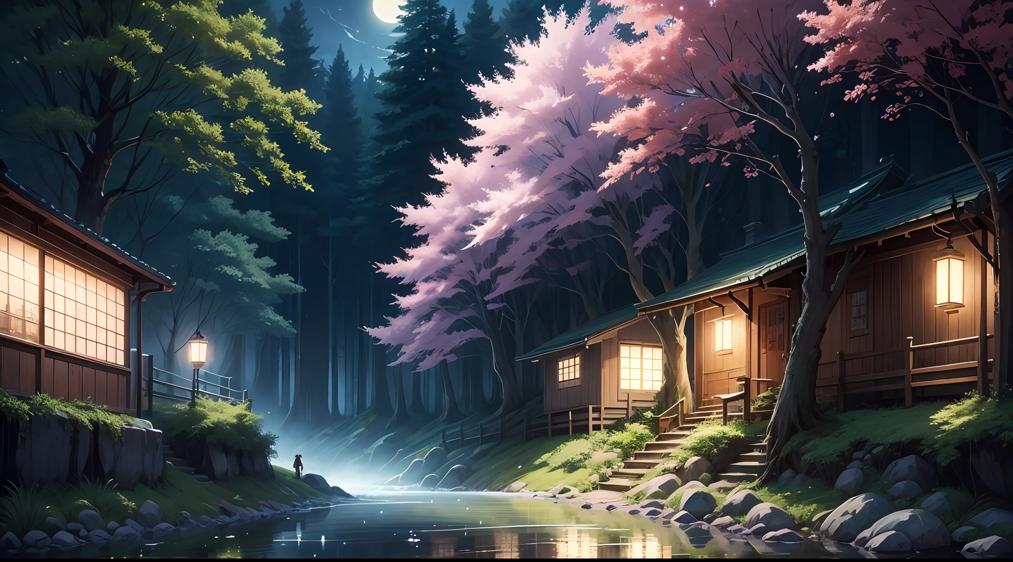 style of anime,Fresh forest,Moonlight sprinkles on the creek。 --auto