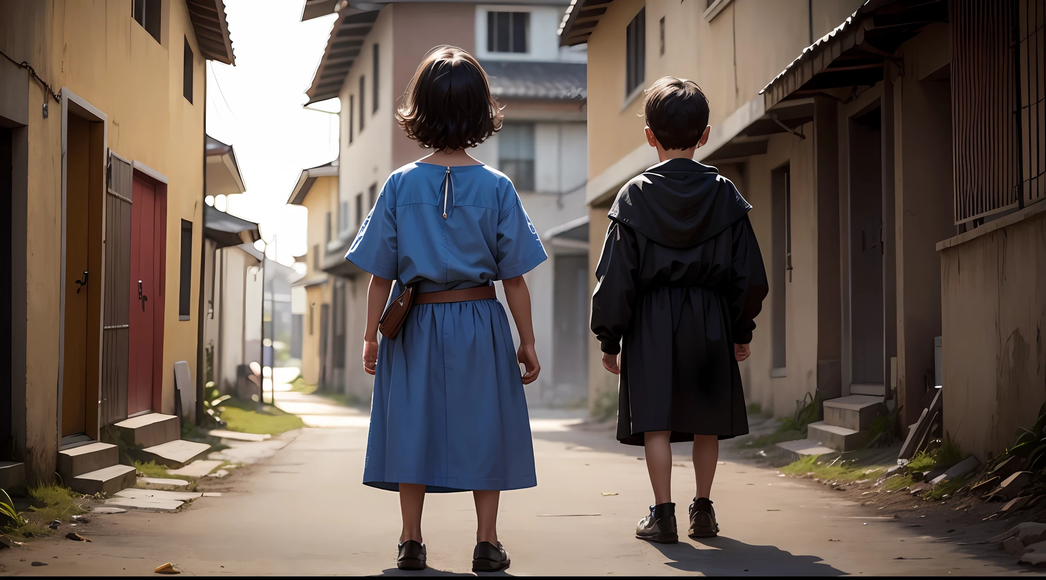 6-year-old boy standing from behind, con cabello medianamente largo hasta los hombres, vestido con ropa abrigada indigena un poco deteriorada --auto