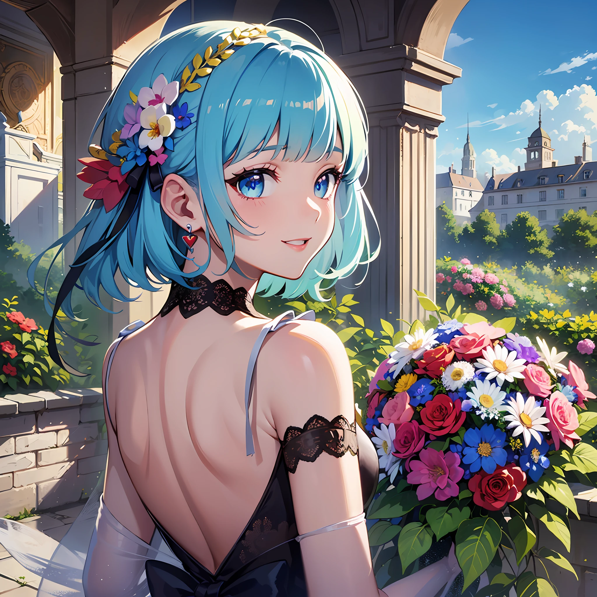 (masterpiece:1.3), (best quality:1.3), high resolution, 


from behind, upper body, 
holding, 

(one cute girl:1.3), solo, 
white skin, small Breast, eight-headed person, 
light blue hair, (bobbed hair:1.2), short hair, (blunt bangs:1.2), beautiful hair, blue eyes, beautiful detailed eyes, 

happy, heart, cheerful smile, 

bouquet, Idol costumes, gossiper, earrings, 

outdoors, beautifully detailed sky, flower garden, 

shadowlighting,