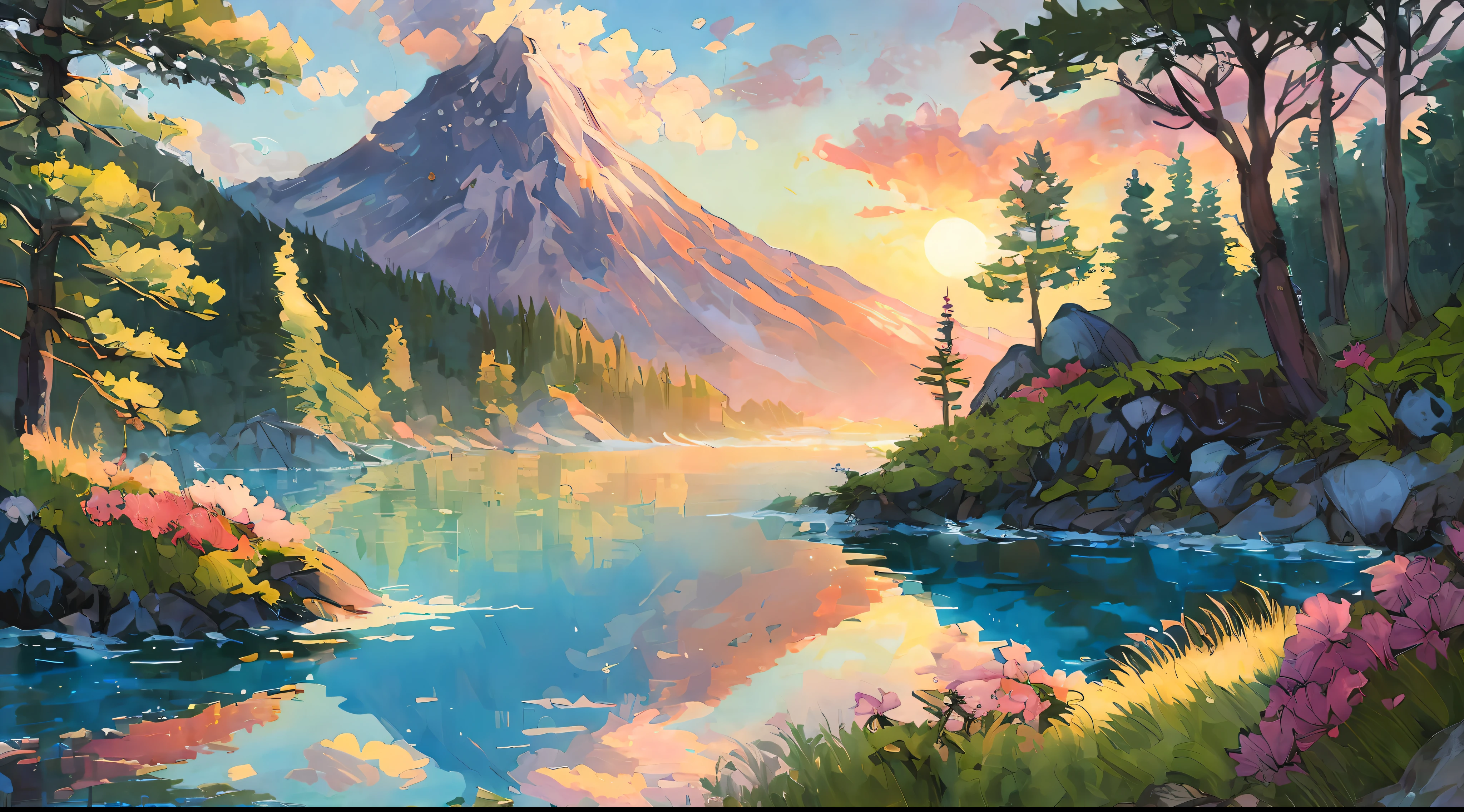 (Best quality),(masterpiece),(ultra detailed),(high detailed),(extremely detailed),Subject: Beautiful Anime Natural Sceneries, woman bathing in a heavenly lake, seen from back and far away, long blond hair
Medium: raw oil painting, impressionism, raw brush strokes
Resolution: 4000x4800pixels.
Color Palette: Vibrant and lush colors inspired by nature, dusk, sunset colors
Mood: Serene, tranquil, and awe-inspiring.
Composition: Balanced compositions with a focus on natural elements.
Lighting: Soft, natural lighting with variations in brightness.
Style: Anime-inspired with a touch of realism and fantasy.
Details: Include elements such as majestic mountains, serene lakes, blooming fields, and lush forests.
Inspiration: Anime landscapes, Studio Ghibli films, real-world natural environments.
Camera Setup: None (since it's a digital illustration).
Additional Notes: Pay attention to the beauty and intricacy of natural landscapes. Create depth and dimension by incorporating layers of foreground, middle ground, and background elements. Use a variety of brush strokes and textures to capture the textures of trees, rocks, water, and other natural elements. Experiment with lighting and shadows to add depth and realism to the scene. Include small details like birds, butterflies, or wildlife to bring the scene to life. Consider adding elements of fantasy or magic, such as floating islands, mythical creatures, or glowing flora. Use a mix of vibrant and harmonious colors to convey the beauty and vibrancy of nature. Emphasize the serenity and tranquility of the scene by incorporating elements like flowing water, gentle breezes, or a soft sunset. Let your creativity and imagination guide you in creating breathtaking anime natural sceneries that transport viewers to a world of beauty and wonder.