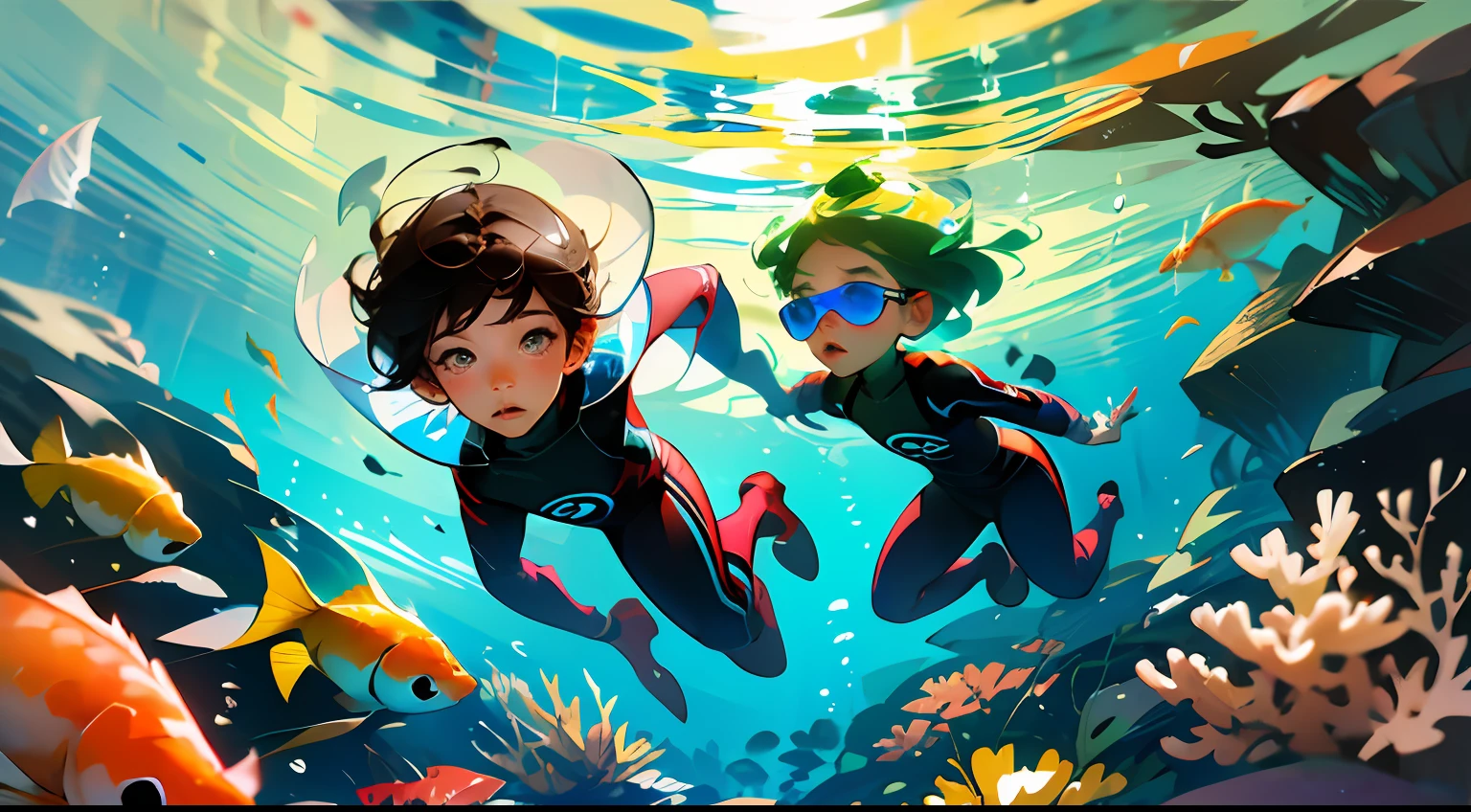 Two boys, chibi proportions, yellow and black hair, wearing wetsuits, carrying oxygen cylinders, diving goggles, swimming on the bottom of the sea, there are fish, there are corals, holding cameras to take pictures, blue water, cartoon, high quality paintings --auto
