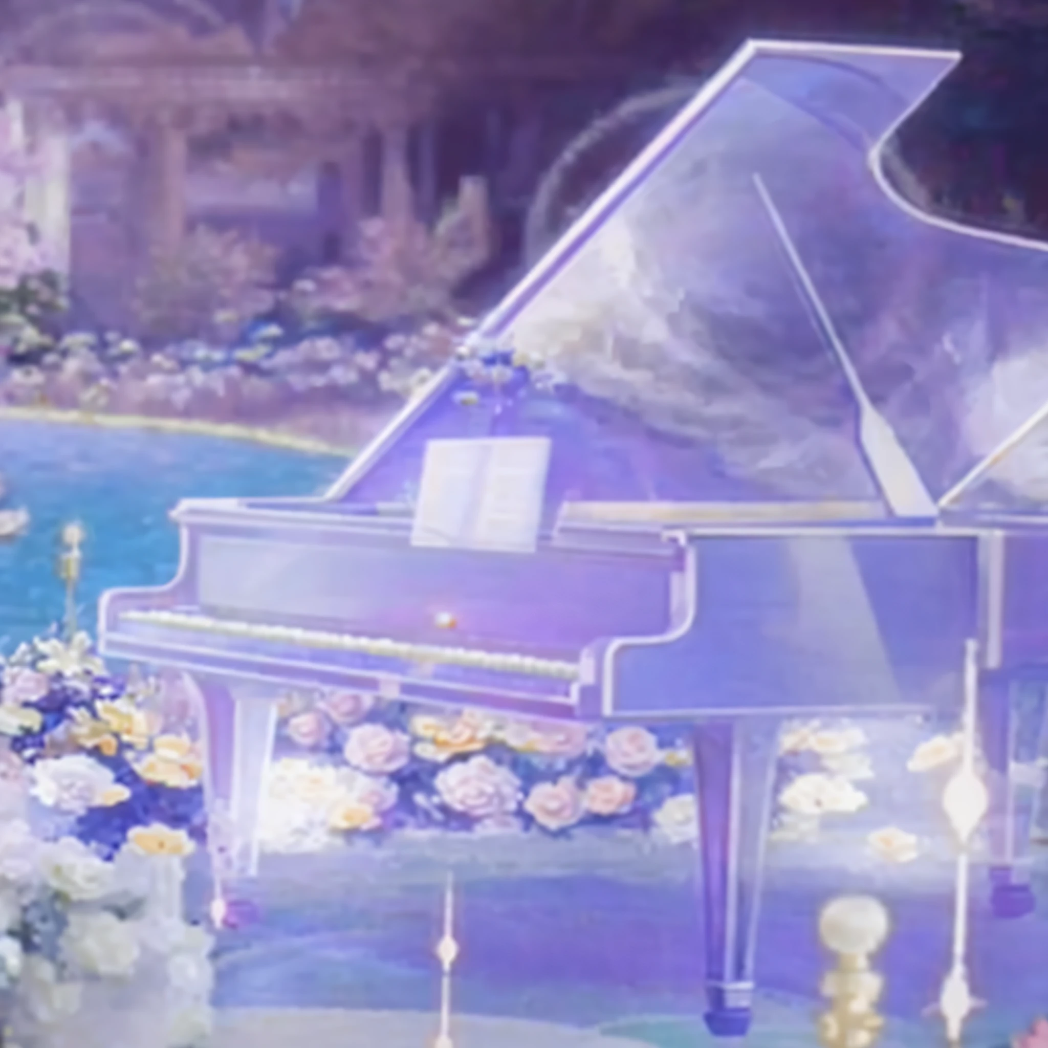 There are pictures of pianos and bears in the garden, anime beautiful peace scene, dreamy psychedelic anime, Dreamy atmosphere, dreamy scenes, piano in the background, Magical atmosphere + Masterpiece, magical dream-like atmosphere, dreamy and detailed, Album art, !dream concept art, dreamy aesthetic, concept art magical highlight, anime backgrounds, very magical and dreamy