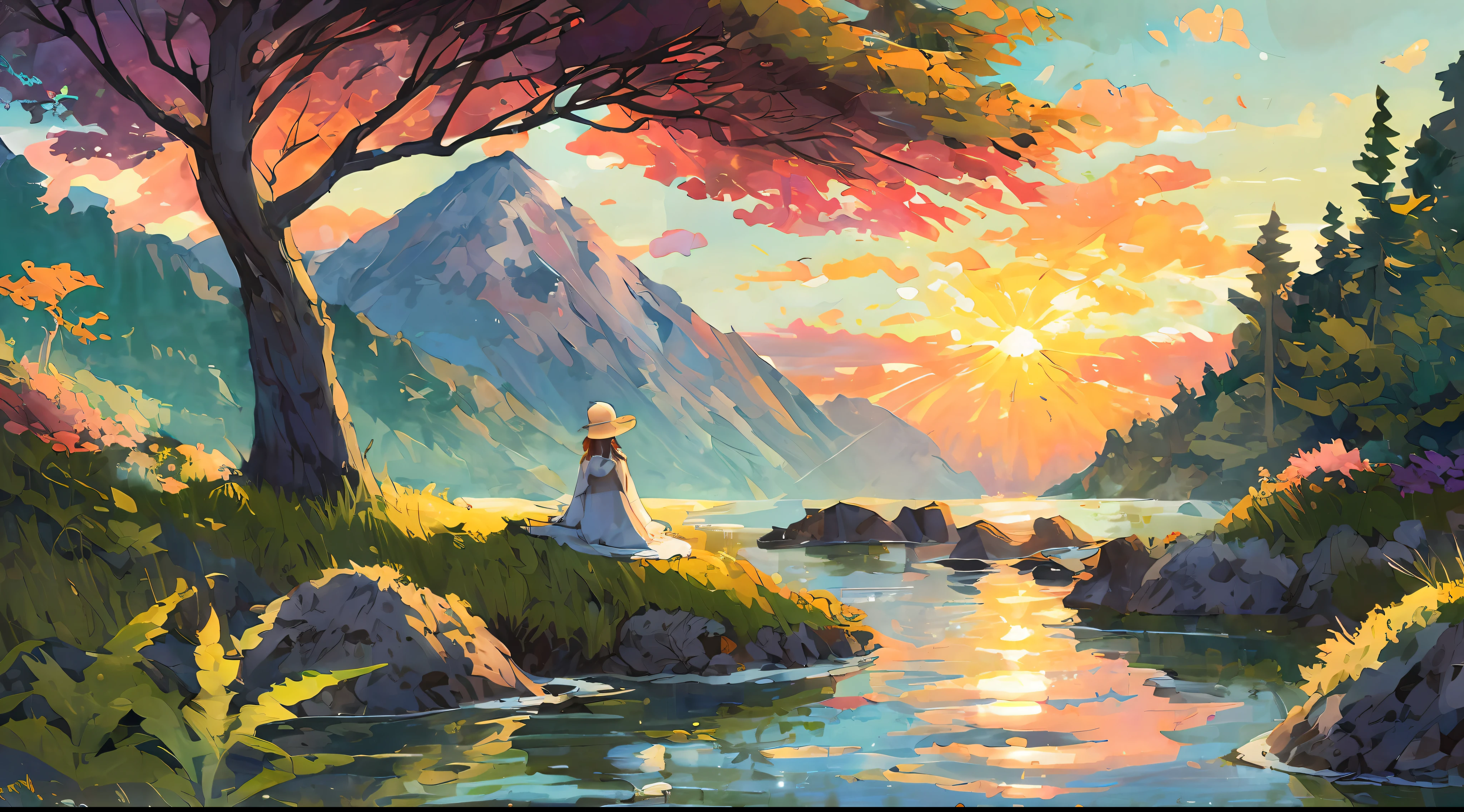 (Best quality),(masterpiece),(ultra detailed),(high detailed),(extremely detailed),Subject: Beautiful Anime Natural Sceneries, woman bathing in a heavenly lake, seen from back and far away, long blond hair
Medium: raw oil painting, impressionism, raw brush strokes
Resolution: 4000x4800pixels.
Color Palette: Vibrant and lush colors inspired by nature, dusk, sunset colors
Mood: Serene, tranquil, and awe-inspiring.
Composition: Balanced compositions with a focus on natural elements.
Lighting: Soft, natural lighting with variations in brightness.
Style: Anime-inspired with a touch of realism and fantasy.
Details: Include elements such as majestic mountains, serene lakes, blooming fields, and lush forests.
Inspiration: Anime landscapes, Studio Ghibli films, real-world natural environments.
Camera Setup: None (since it's a digital illustration).
Additional Notes: Pay attention to the beauty and intricacy of natural landscapes. Create depth and dimension by incorporating layers of foreground, middle ground, and background elements. Use a variety of brush strokes and textures to capture the textures of trees, rocks, water, and other natural elements. Experiment with lighting and shadows to add depth and realism to the scene. Include small details like birds, butterflies, or wildlife to bring the scene to life. Consider adding elements of fantasy or magic, such as floating islands, mythical creatures, or glowing flora. Use a mix of vibrant and harmonious colors to convey the beauty and vibrancy of nature. Emphasize the serenity and tranquility of the scene by incorporating elements like flowing water, gentle breezes, or a soft sunset. Let your creativity and imagination guide you in creating breathtaking anime natural sceneries that transport viewers to a world of beauty and wonder.