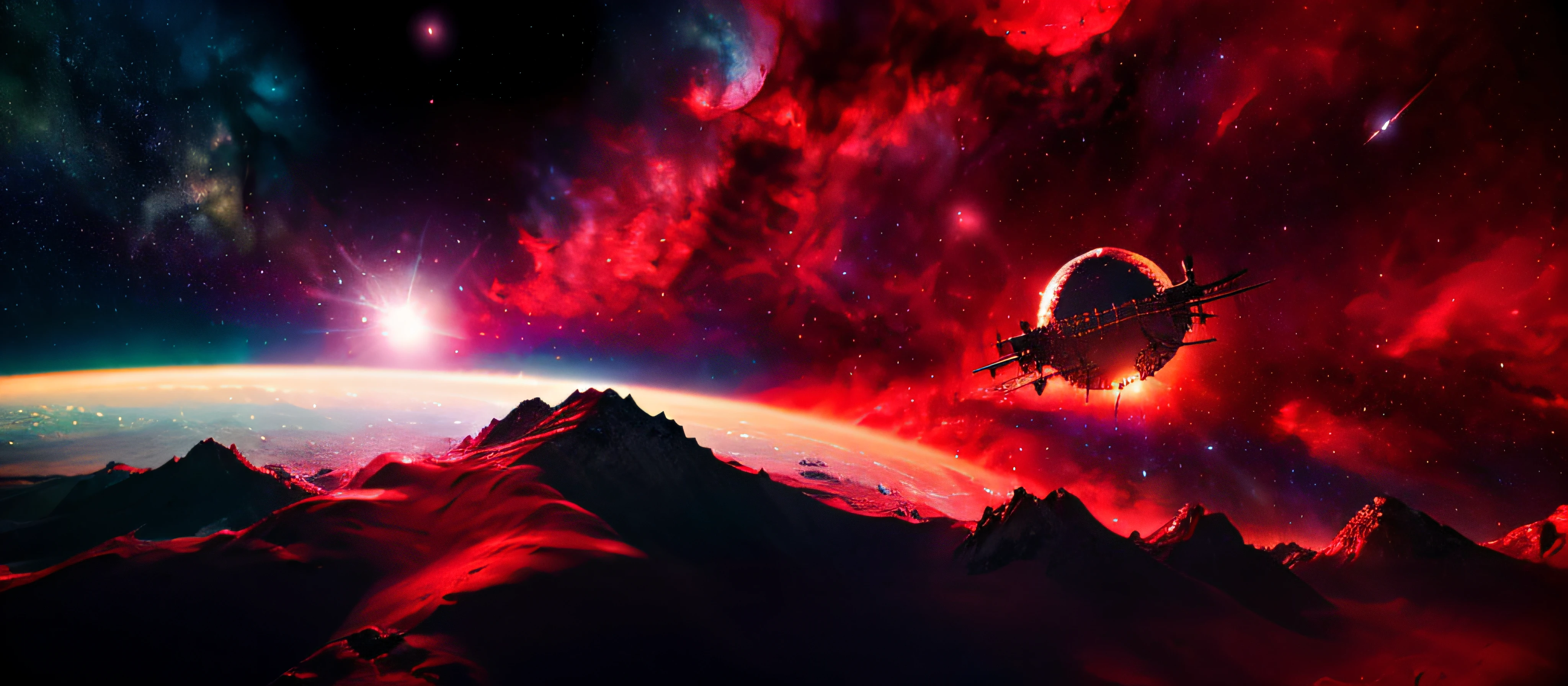 A space station located in space amidst the vast expanse of stars, planets, and galaxies would be a remarkable feat of engineering.(((masterpiece))), ((best quality)), realistic, 8k, ultra-detailed, realistic, scenery, ConceptArt, Highly detailed RAW color Photo, side Angle, (lens flare:0.7), particle effects, raytracing, cinematic lighting, shallow depth of field, photographed on a Sony Alpha 1, 50mm wide angle lens, sharp focus, cinematic film still, dynamic pose., (red look:1.3)