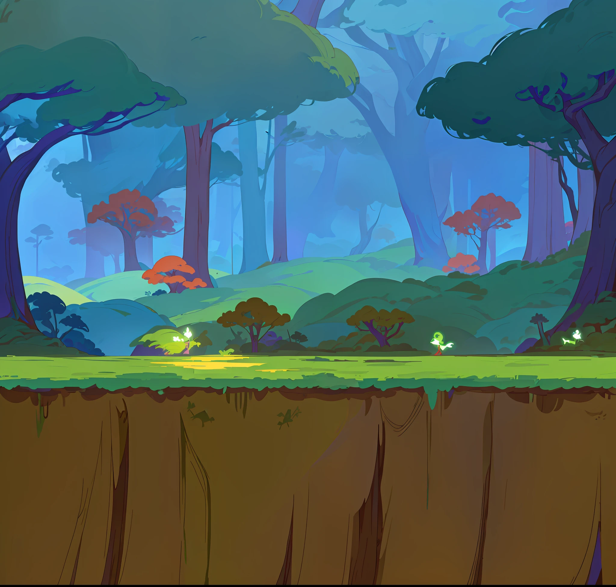 There are cartoon scenes of several animals and houses in the forest, 2d game background, Mobile game background, 2 D game art background, elf forest background, videogame background, alien forest in background, forest backgrou, Woodland background, Forest background, 2d game asset, magical battlefield background, 2d side scrolling game, 2D game art, woodland backround