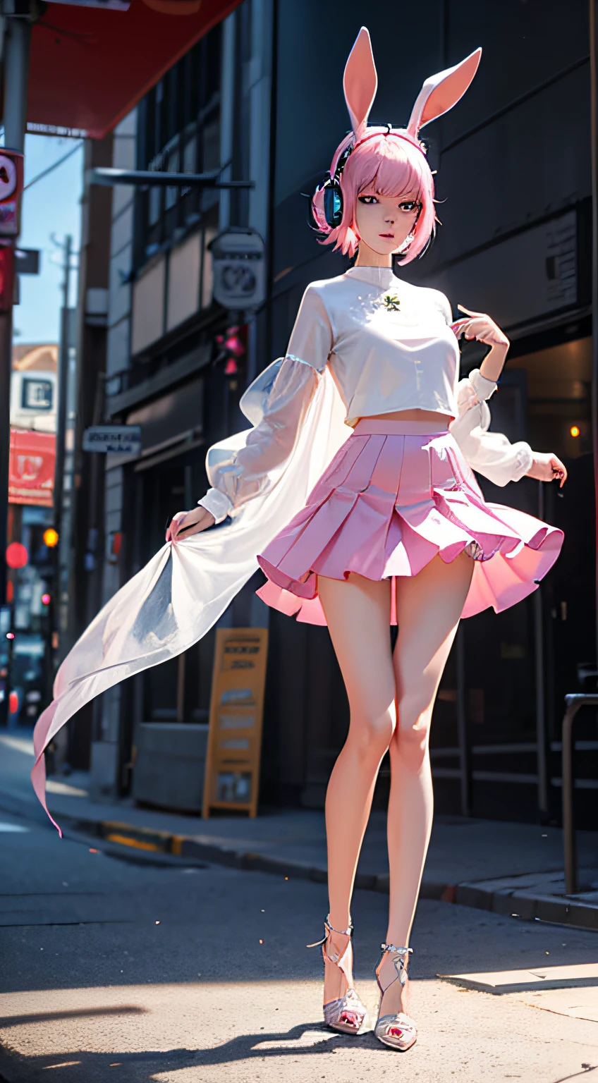 Wear rabbit-eared headphones,Hold a transparent crystal ball,Dark sweatpants,whitet-shirt,,Beauty with short pink hair,,streets background,tmasterpiece,Delicate facial features,Good body, ultra short skirt, beautiful legs, slender legs, full body photo, high heels