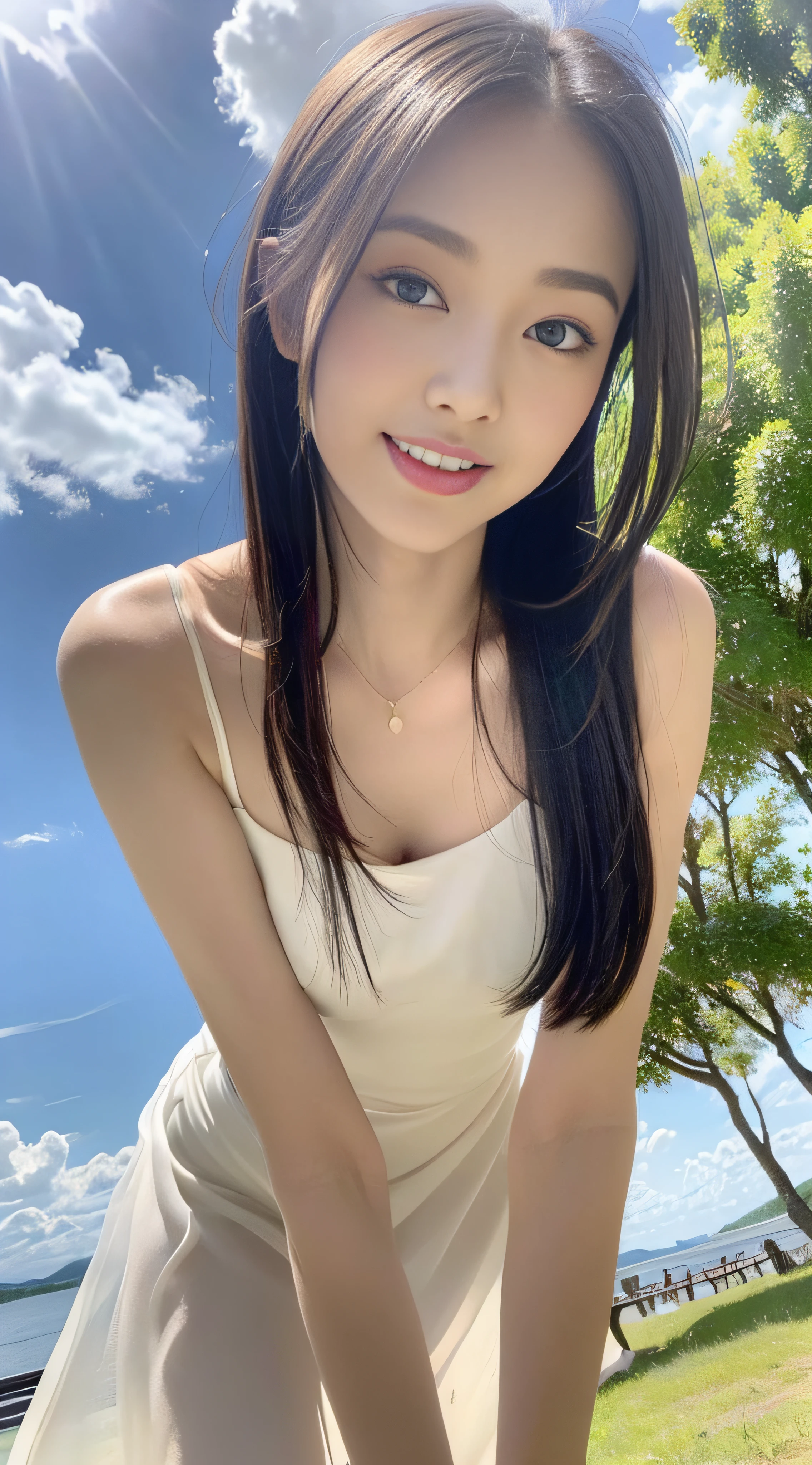 ((best qualtiy, 8K, tmasterpiece:1.3)), A pretty maiden，Pure，Melon seed face，gentle and cute，Thin stature，[Detached sleeves::0], [capri pants::0]，Black silky straight hair，A hairpin，round black big eyes，Clear big eyes，Hydrated red lips，Sweet Royal，at the lakes，with blue sky and white clouds，rays of sunshine，Idyllic background，Sweet smile， (full bodyesbian:1.3), White dress:1.1, close-up all over the body:1.1,A pair of slender beautiful legs:1.0