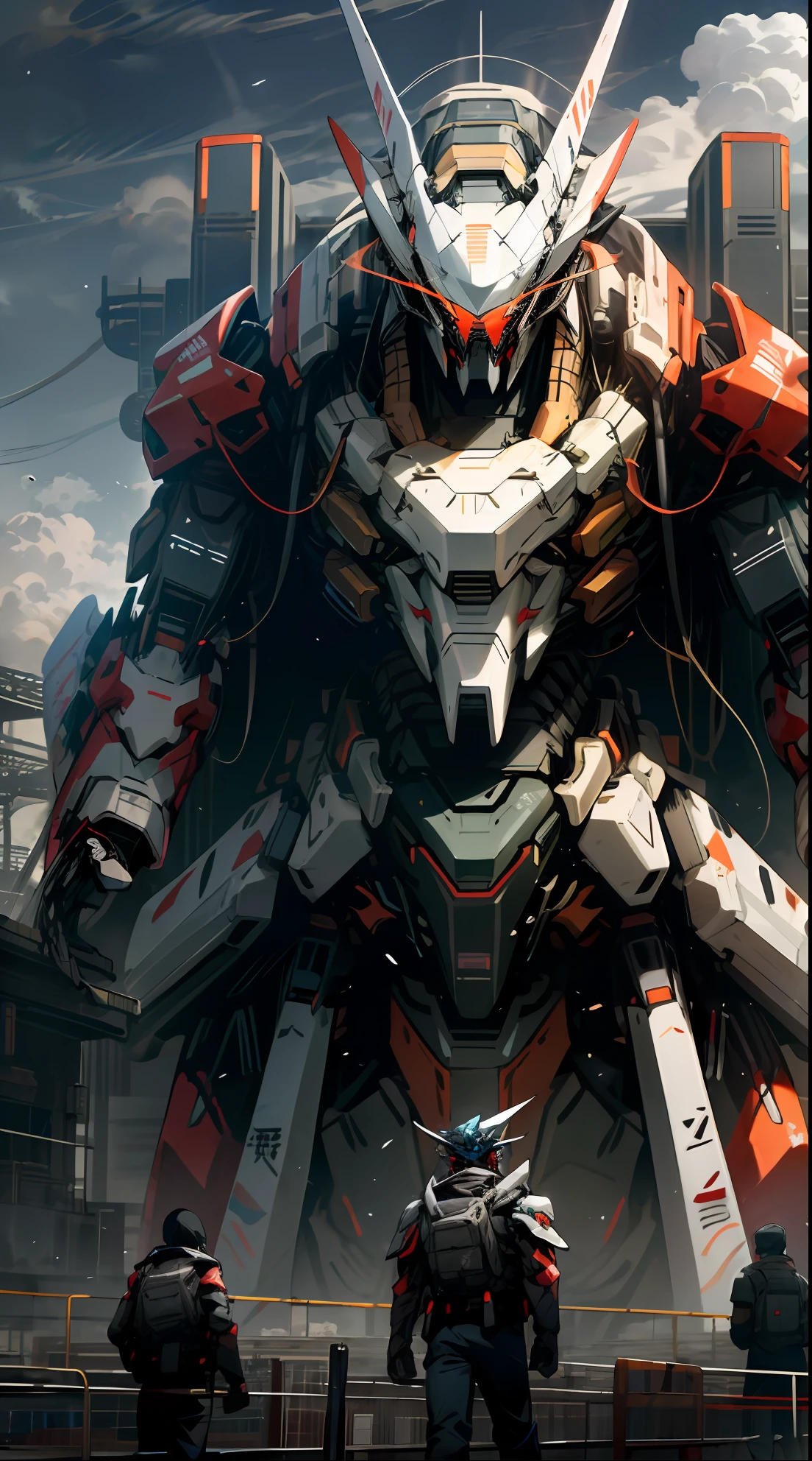 Skysky,clouds,holding_weapon,with light glowing,Huge robots,Huge monsters,Stand face to face,buliding,废墟,glowing_eyes,mecha,scientific fiction,城市,Realistis,mecha