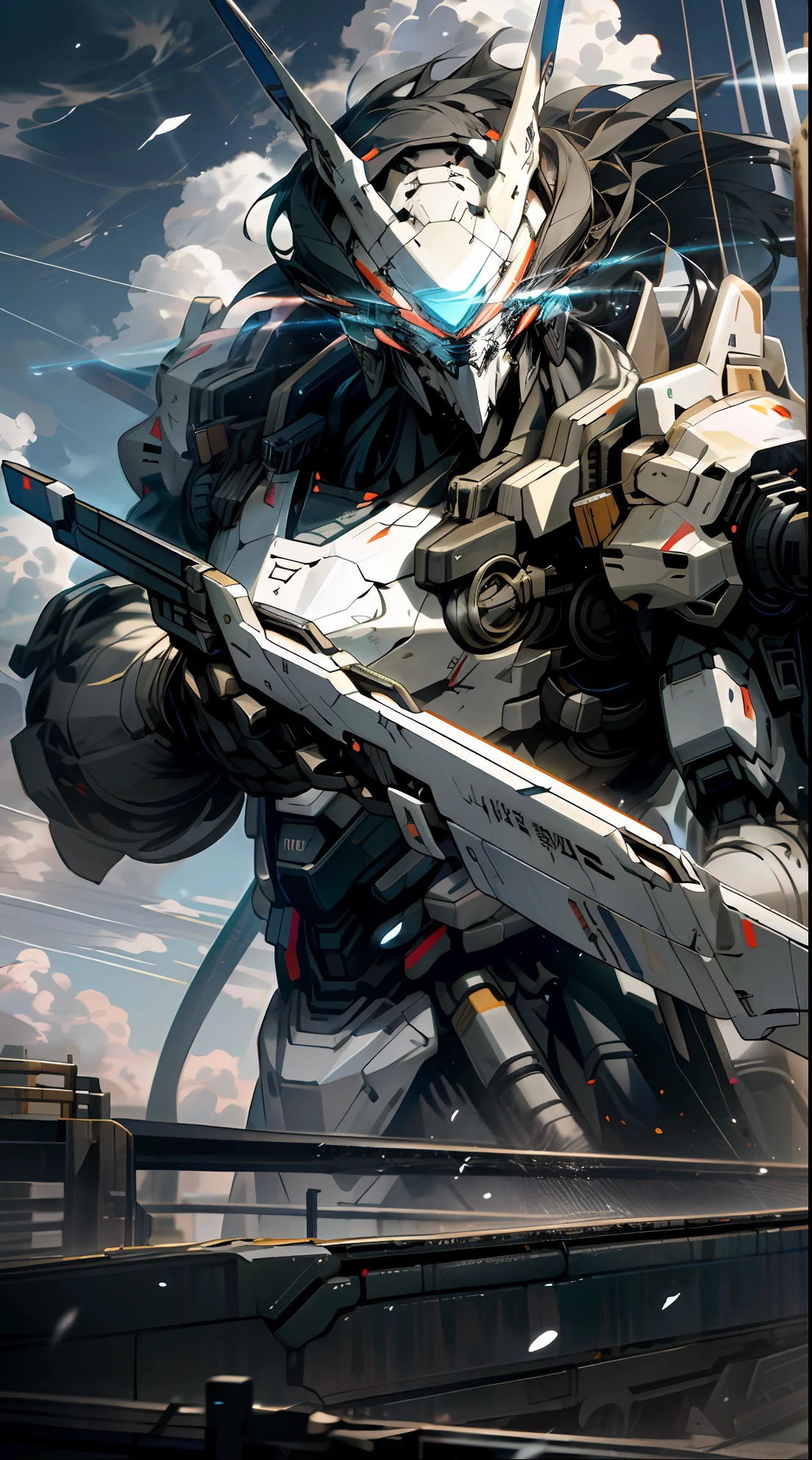 Skysky，​​clouds，holding_weapon，with light glowing，Huge robots，Huge monsters，Stand face to face，buliding，废墟，glowing_eyes，mecha，scientific fiction，城市，Realistis，mecha