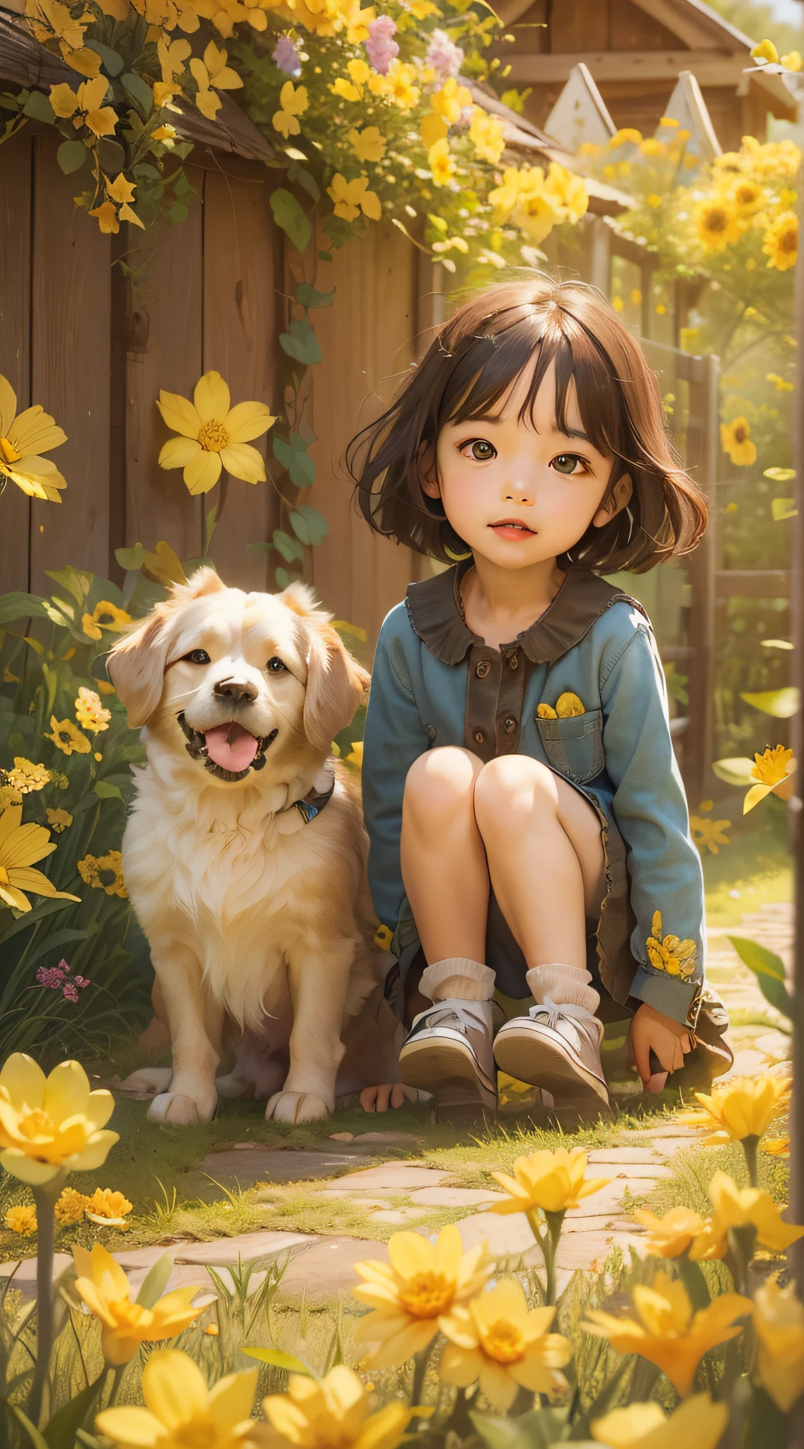 A charming little girl，Brunette and her cute puppy，Enjoy a lovely spring outing surrounded by beautiful yellow flowers and nature。Country lanes，Fenced hut，The illustration is a high-definition illustration in 4K resolution，With very detailed facial features and cartoon-style visuals。