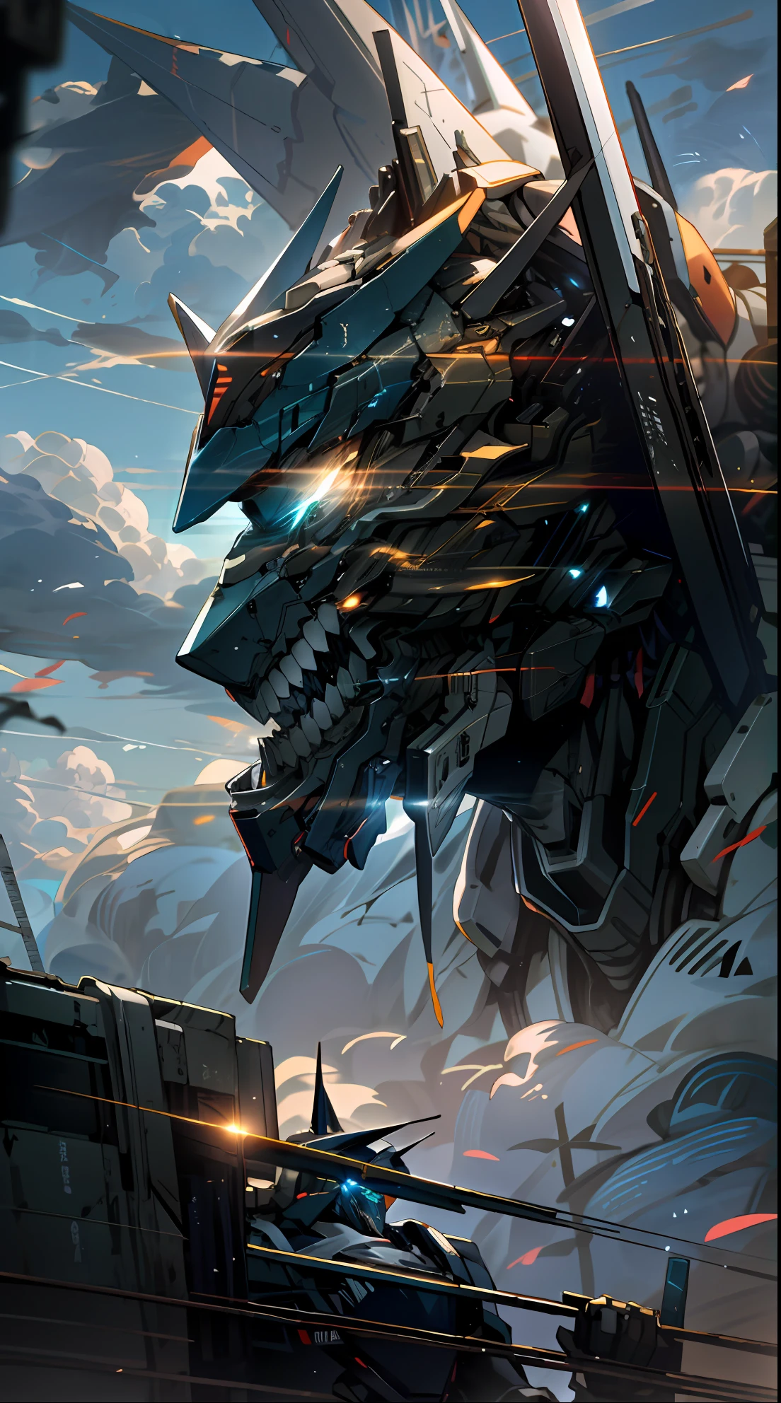 Skysky,clouds,holding_weapon,with light glowing,Huge robots,Huge monsters,Stand face to face,buliding,废墟,glowing_eyes,mecha,scientific fiction,城市,Realistis,mecha