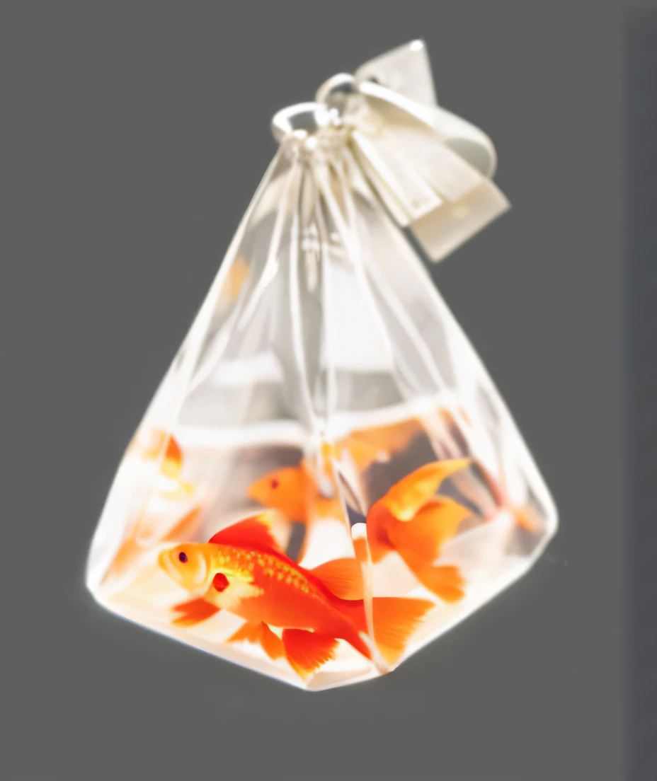 There is a bag inside,There is a goldfish inside, Goldfish in the water, There are plastic bands on the outside,Clear transparency,super detail, high details, highres, best quality --auto