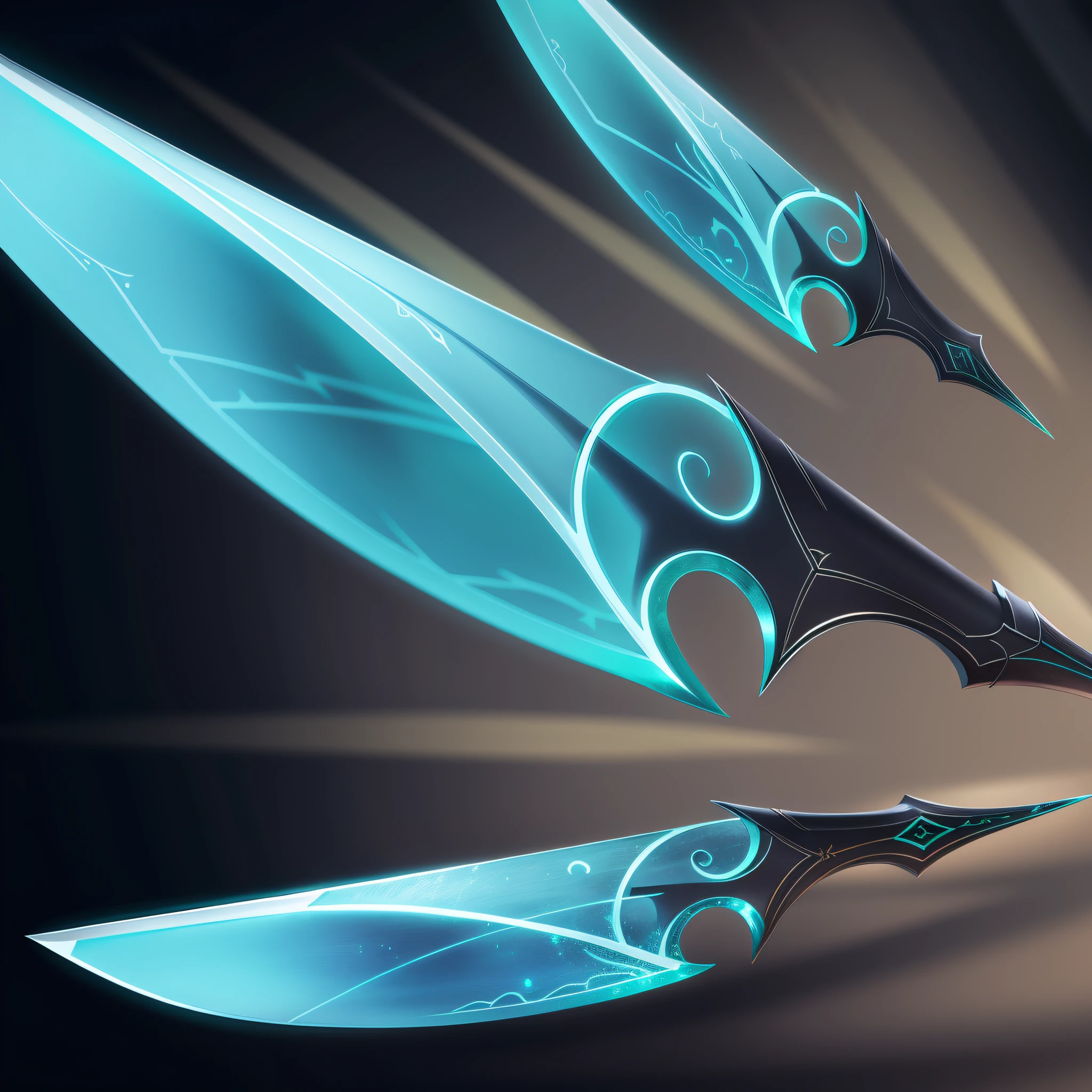 8K,Real materials,HD detail textures，There are 3 blades in the shape of a sword, concept art by Kieran Yanner, deviantart trend, hurufiyya, teal ethereal tendril wings, style of ghost blade, glowing green soul blade, cryptoblades, sword slash, Fantasy Blade, dual swords, Multiple floating swords, Blade in the dark, raytraced blade, intricate fantasy spear --auto