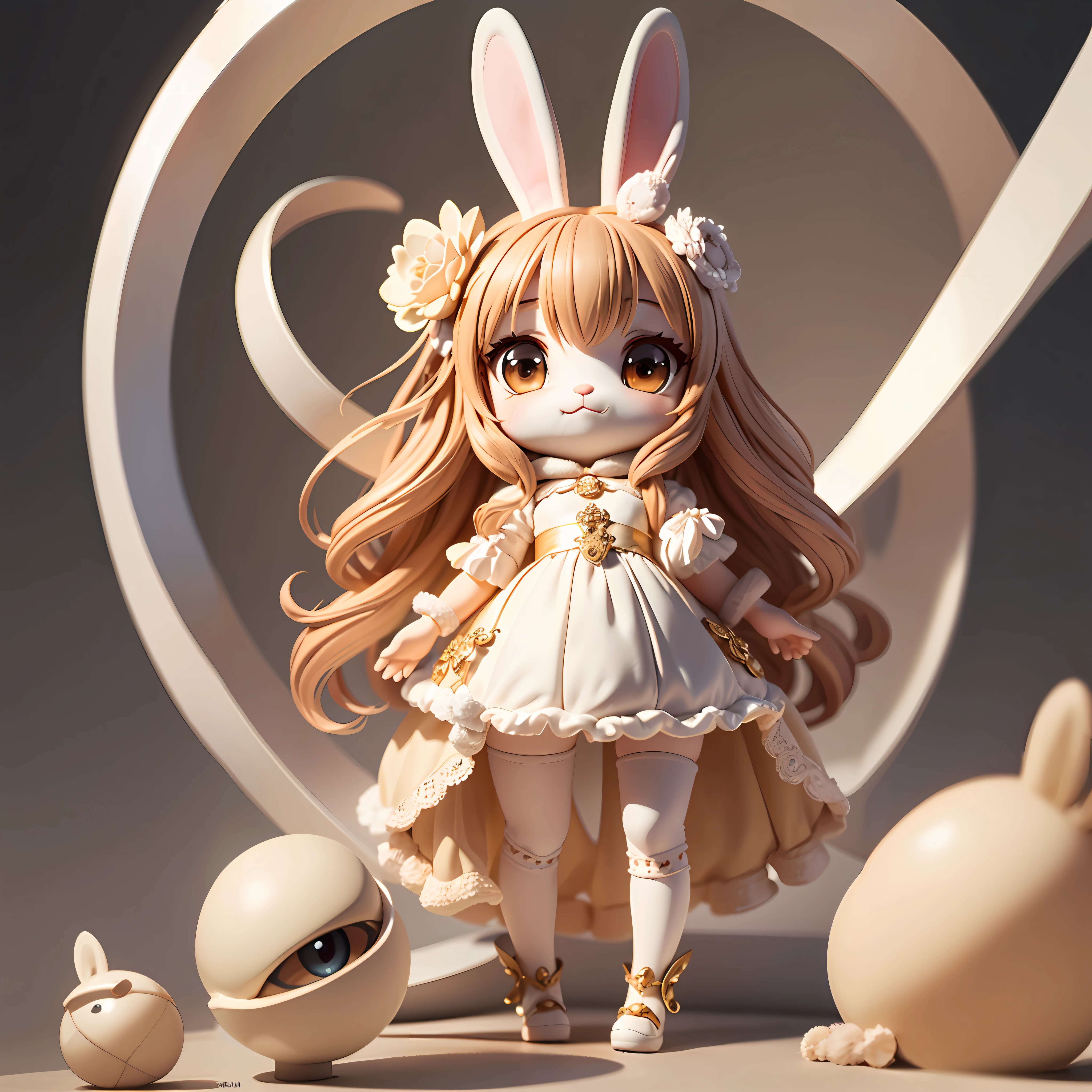 There is a doll standing next to the ball, ( highly detailed figure ), original chibi bunny girl, style as nendoroid, cute detailed digital art, dreamy and detailed, small curvy loli, very detailed character, ultrarealistic sweet bunny girl, anime highly detailed, nice and cute, The ultra -The high-definition, loli in dress, Bunny Girl