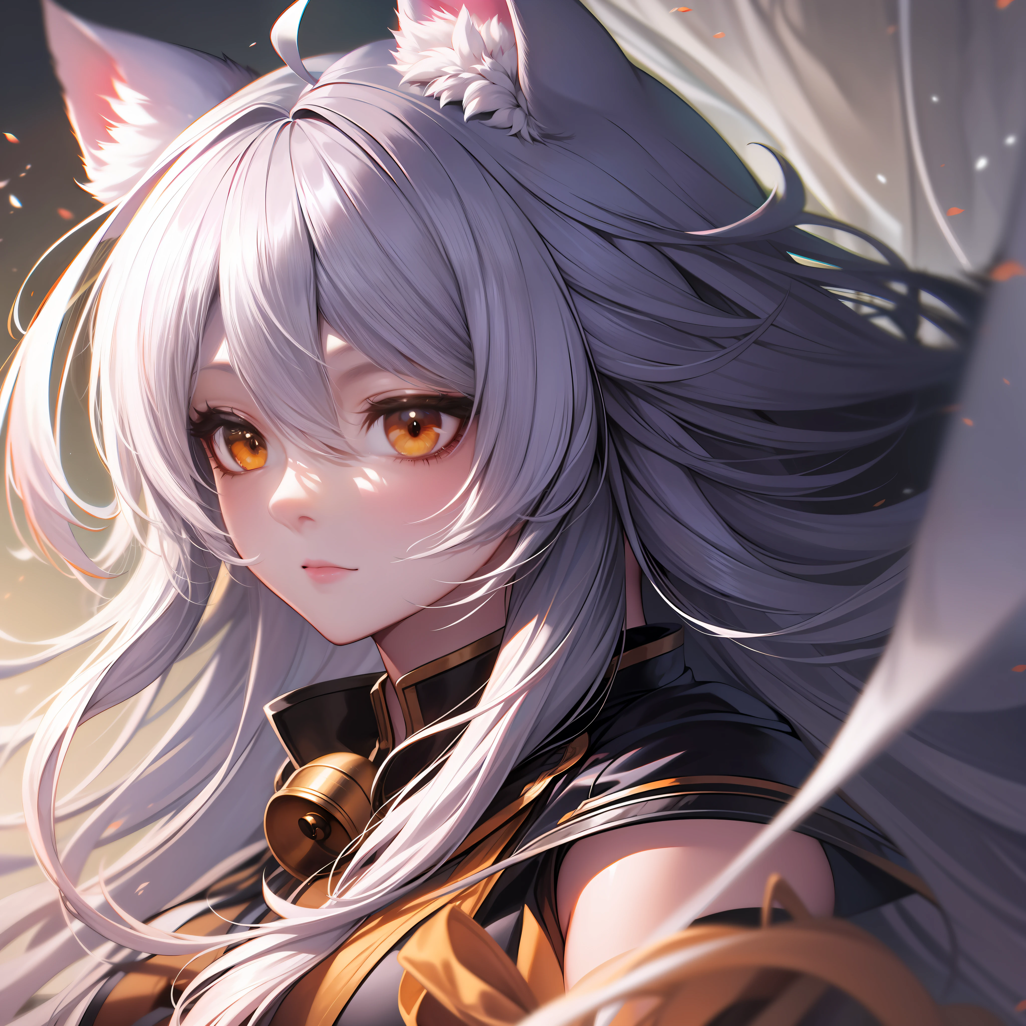 silver hair, ahoge, long hair, bell, orange eyes, cat ears, one girl, anime, anime style, motion blur, chiaroscuro, UHD, masterpiece, high details, high quality, highres, 8k