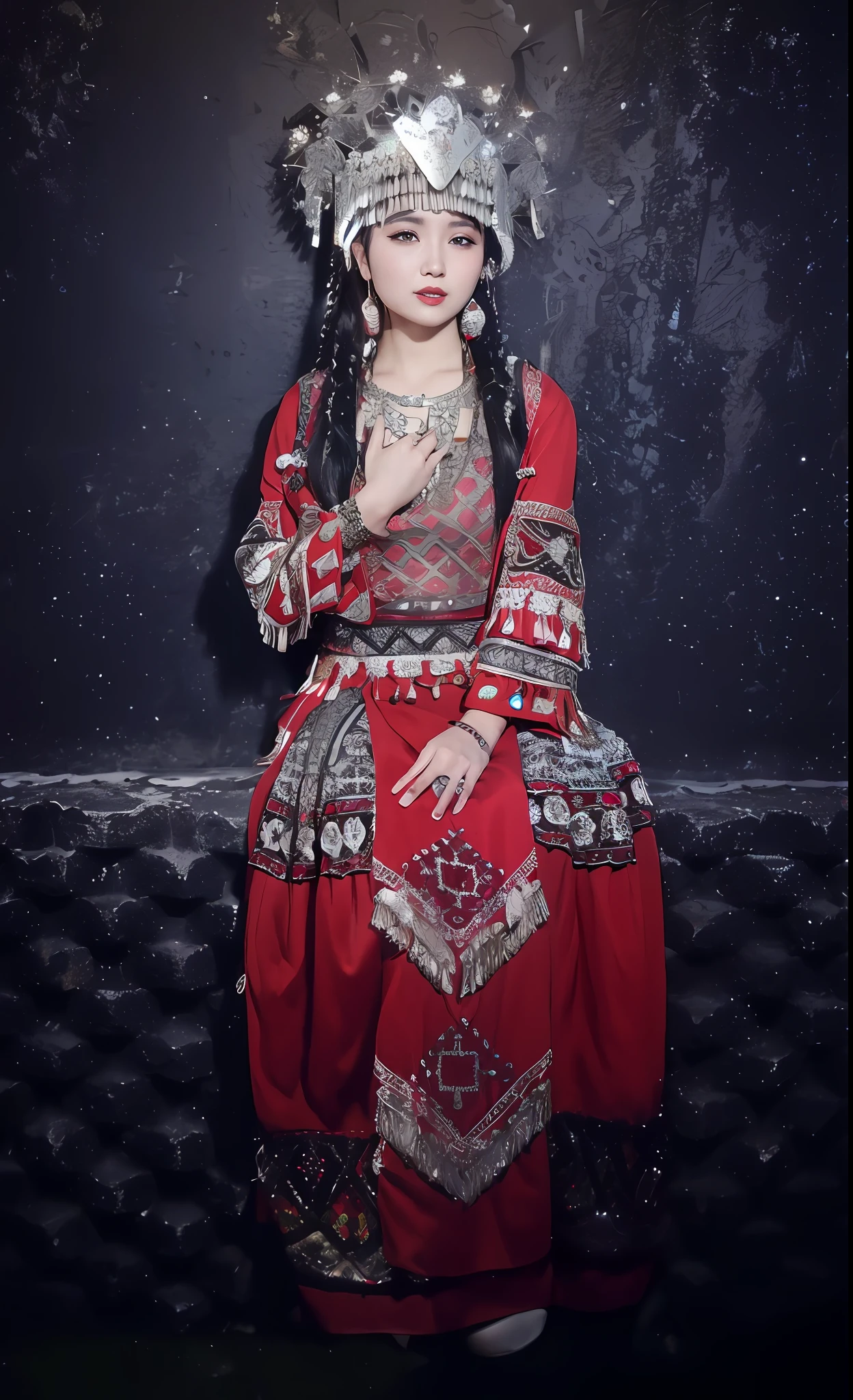 Arad woman posing for photo in red dress and headdress, a young woman as genghis khan, traditional garb, traditionalcostumes, traditionalcostumes, Traditional beauty, Traditional clothing, she is dressed in shaman clothes, ancient libu princess, traditional tai costume, Ukrainian national costume, authentic costume, Tribal yurts, Palace ， A girl in Hanfu