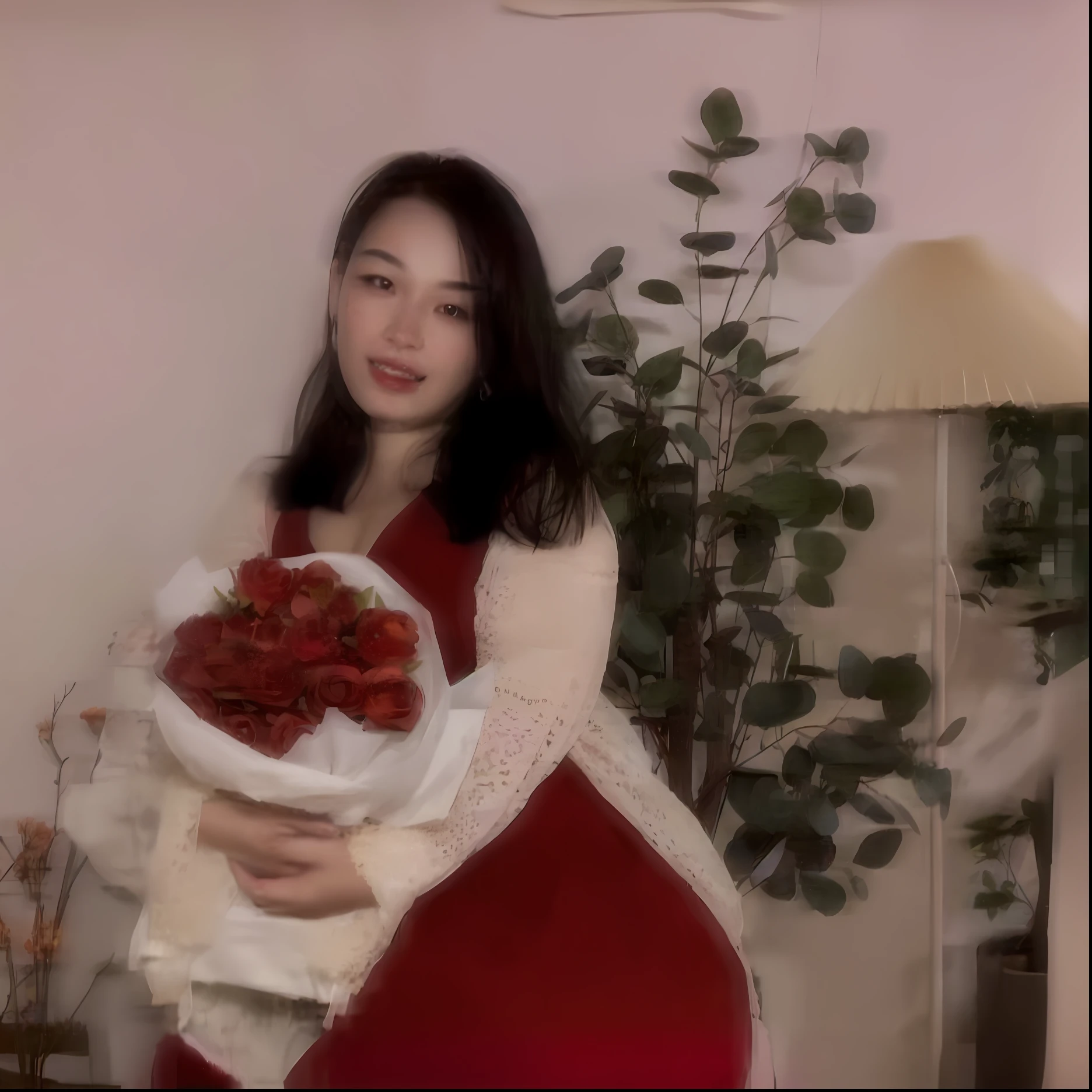 there is a woman holding a bunch of flowers in her hands, With flowers, Wearing a red cheongsam, Holding flowers, inspirado por Kim Jeong-hui, Wearing a red dress, ulzzangs, with frozen flowers around her, low quality photo, xintong chen, in a red dress, Lovely woman, very very low quality, lofi-girl