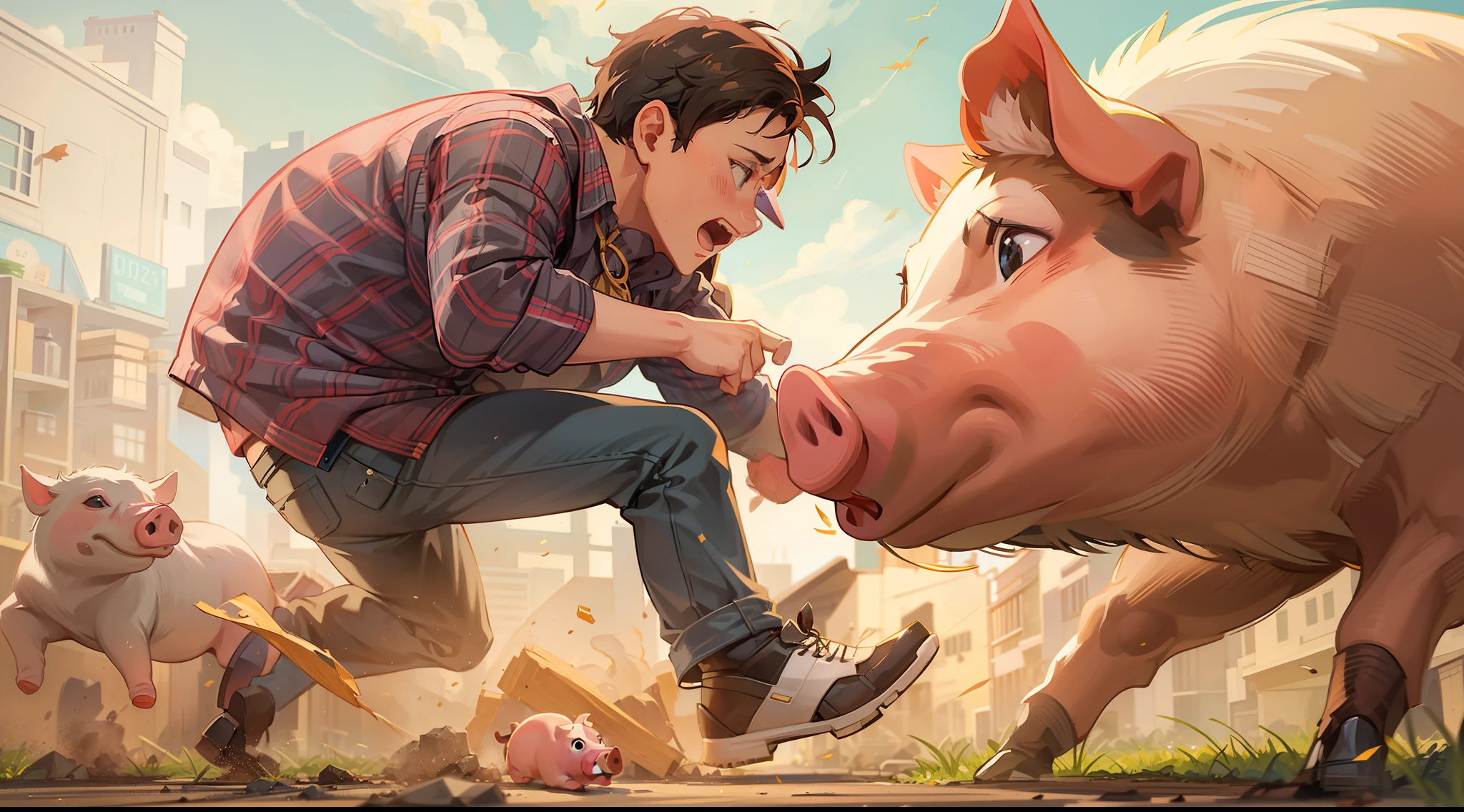 A pig crashes into a young man