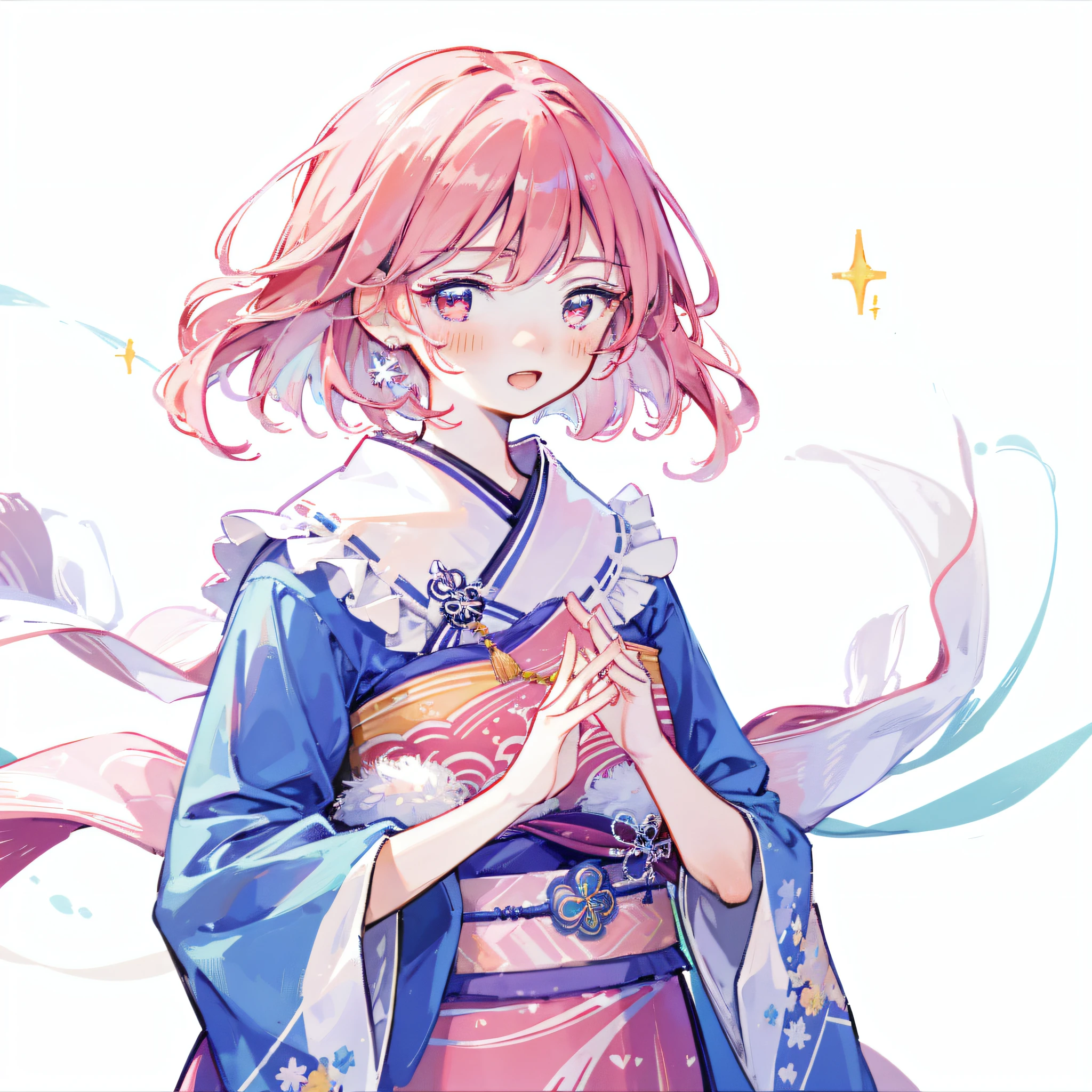 masterpiece, top quality, best quality, official art, beautiful and aesthetic, 1girl, solo,pure white background,sparkle,pink eyes, pink hair, short wave head,blush,looking at viewer，open mouth,smile,Eastern Project,Saigyouji Yuyuko,blue kimono, kimono sleeves, large sleeves, hands to heart ratio