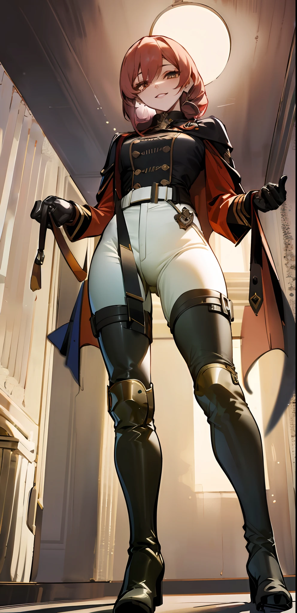 Mature female, standing, full body, authority, leather outfit, dominant, (muscular:0.5), long sleeves, black gloves, double-breasted, (black knee-high boots:1.4), (white pants:1.2), slim, devious, seductive, evil, confident, harness, belt, cape, standing, dungeon, bedroom, military uniform, looking at viewer, leash, from below