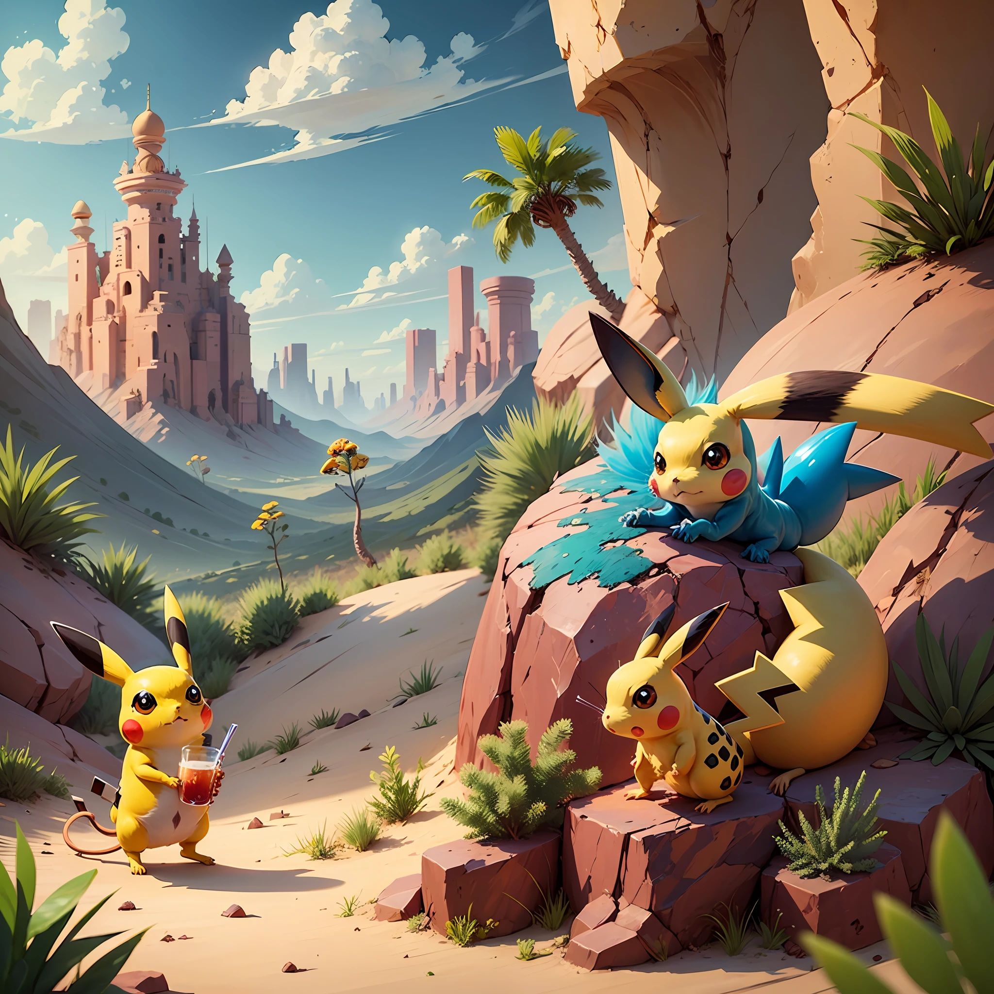 Pokemon Pikachu with Lizards and Drinks in the Desert, Pikachu Chasing Lizards, Illustration Pokemon, , Bread Type Pokemon, Anime Food, Cute Pokemon Style, Pikachu Concept Art, Pikachu, Cute Mouse Pokemon, Sonic, Pikachu as Human, Buns), Pokemon, 🐿🍸🍋 ❤🔥🍄🌪 Mika Pikazo --auto --s2