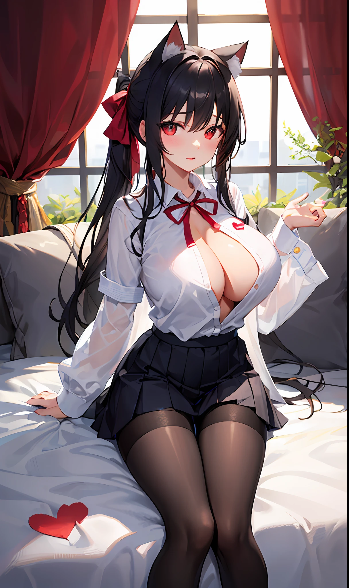 Black color hair,red - eyed,Long hair single ponytail,Meow woman,White semi-nude JK school uniform,The kinky is exposed,delicated,nakeness,Unoccluded,seductiv,cat ear,full bodyesbian,No underwear,ultra-transparent underwear,A coquettish expression,big-breasted loli,slightly fat big breasts,nudegirl,black lence stockings,Bigchest,white hair ribbon,V-neck,Heart-shaped milk