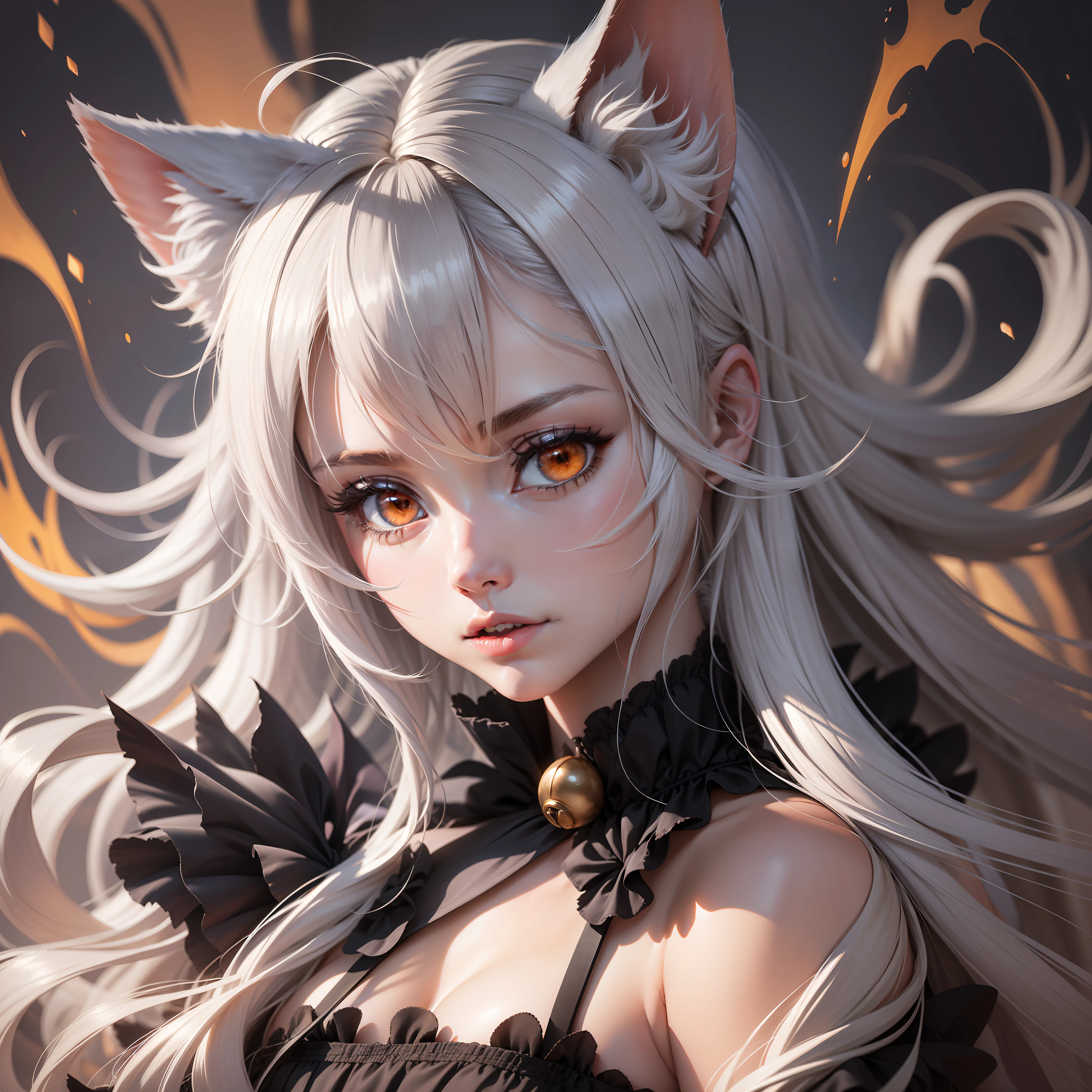 silver hair, ahoge, long hair, bell, orange eyes, cat ears, one girl, anime, anime style, motion blur, chiaroscuro, UHD, masterpiece, high details, high quality, highres, 8k