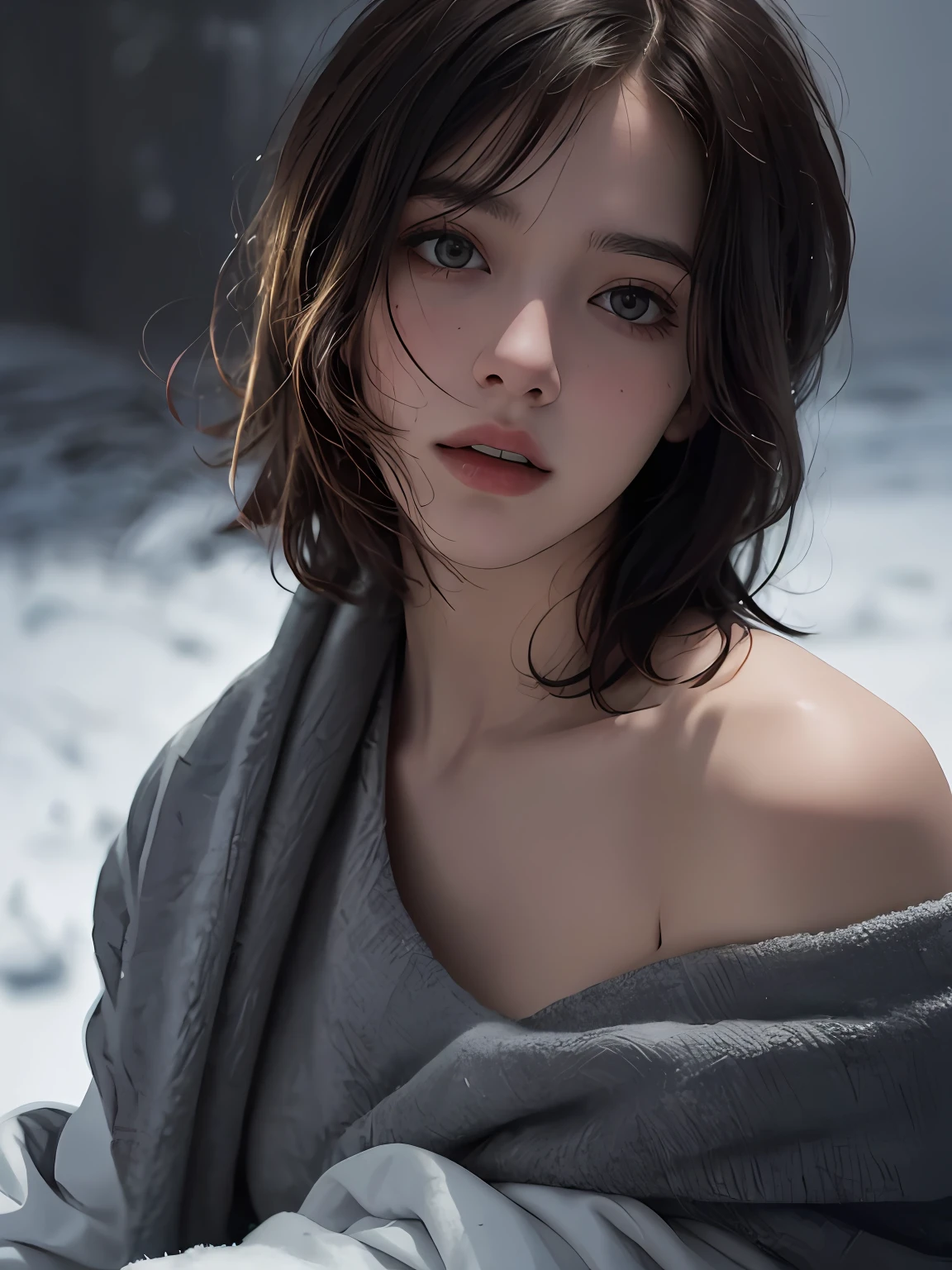 Best quality, masterpiece, ultra high res, (photorealistic:1.5), raw photo, 1girl, offshoulder, in the dark, deep shadow, low key, cold light, sexy look, short hair