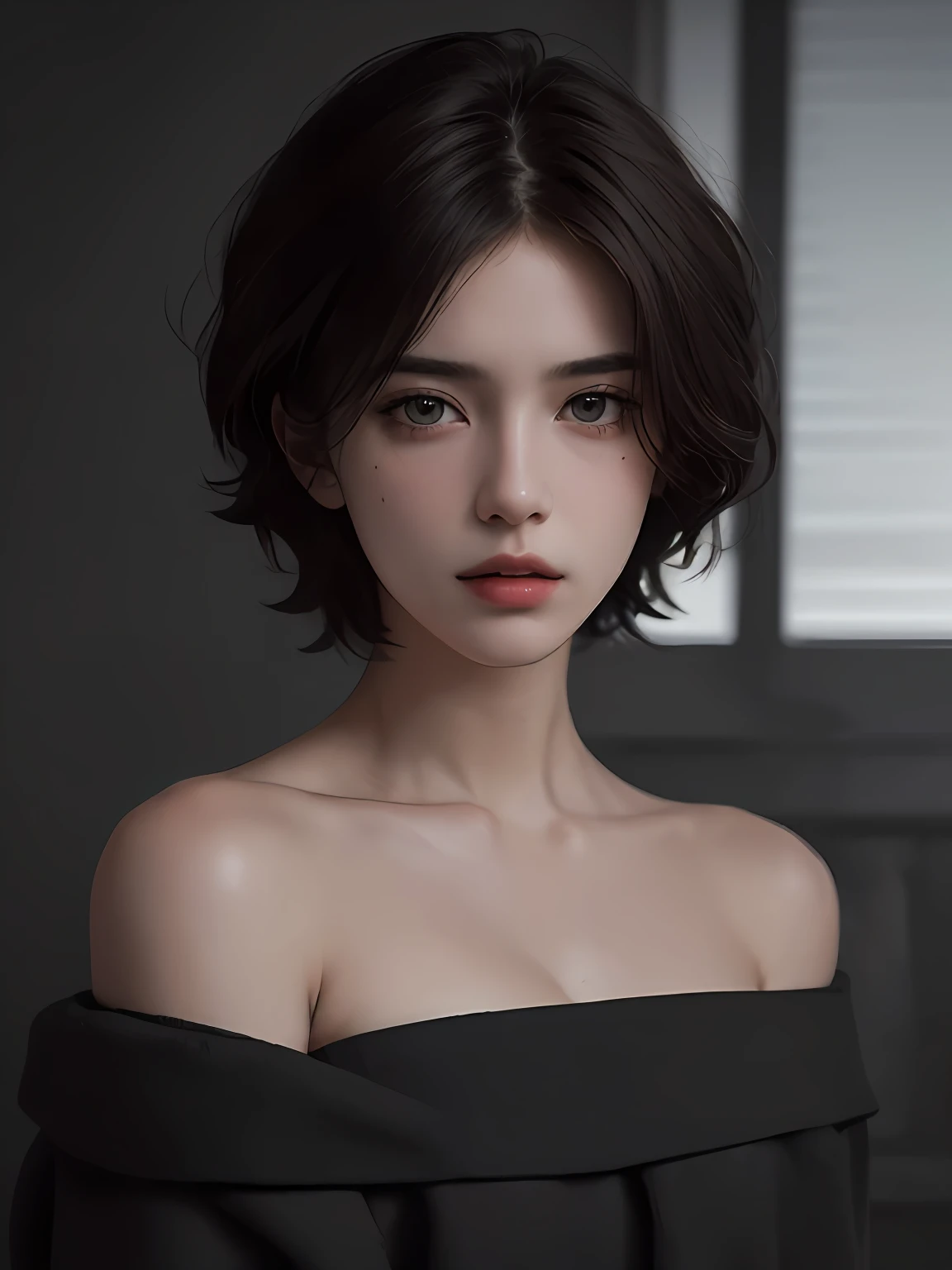 Best quality, masterpiece, ultra high res, (photorealistic:1.5), raw photo, 1girl, offshoulder, in the dark, deep shadow, low key, cold light, sexy look, short hair