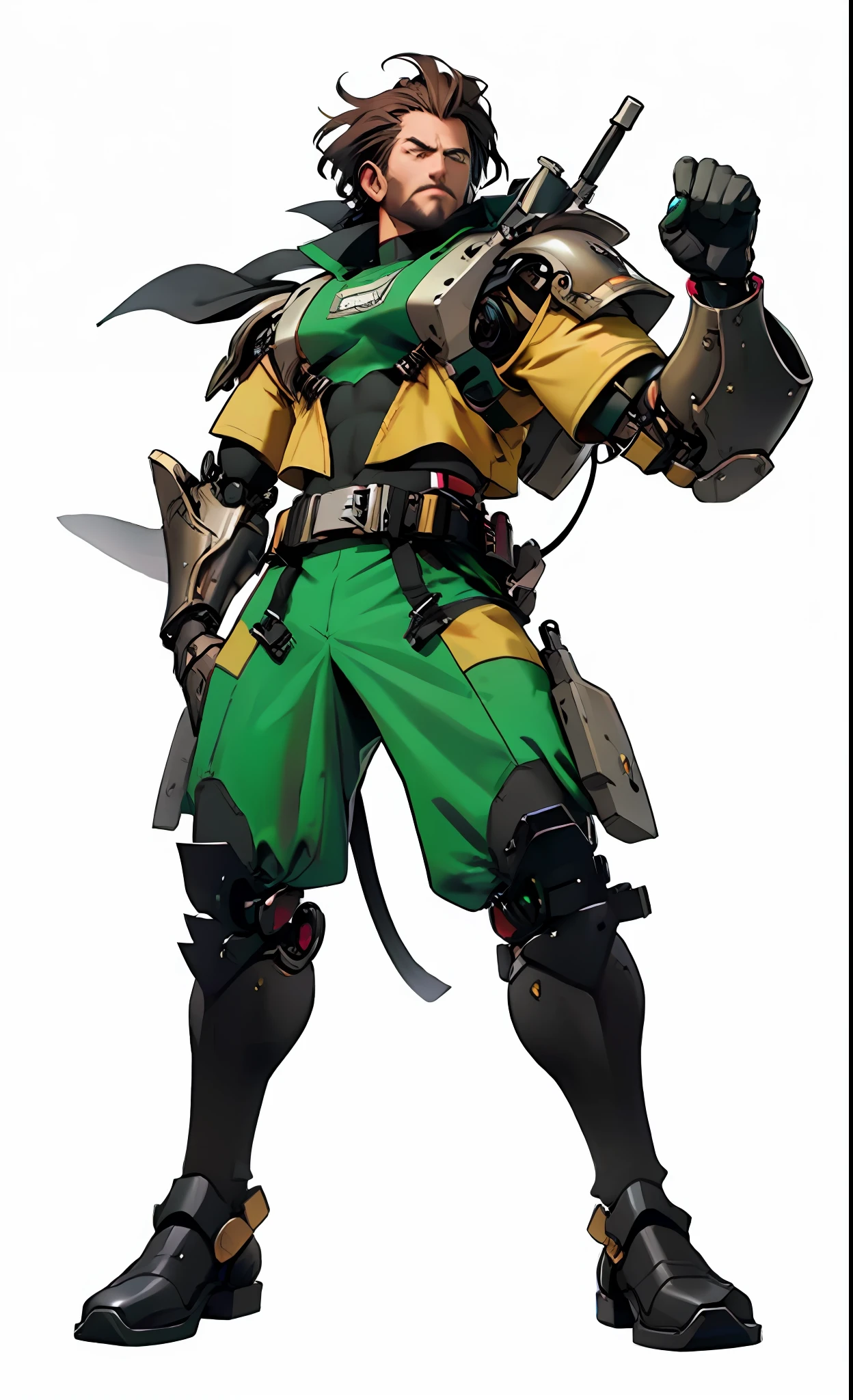 8k, 4k, (highres:1.1), (best,great,amazing quality), (masterpiece:1.3), male, dark brown hair, slicked back hair, facial hair, armored green admiral's suit, scruffy sky pirate, scars, cyborg, robotic